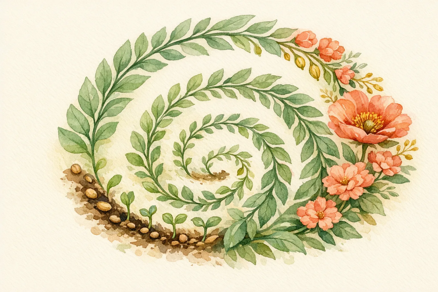 Botanical watercolor illustration of a spiral growth cycle showing seeds sprouting into full blooms, representing the 74-day sperm maturation process