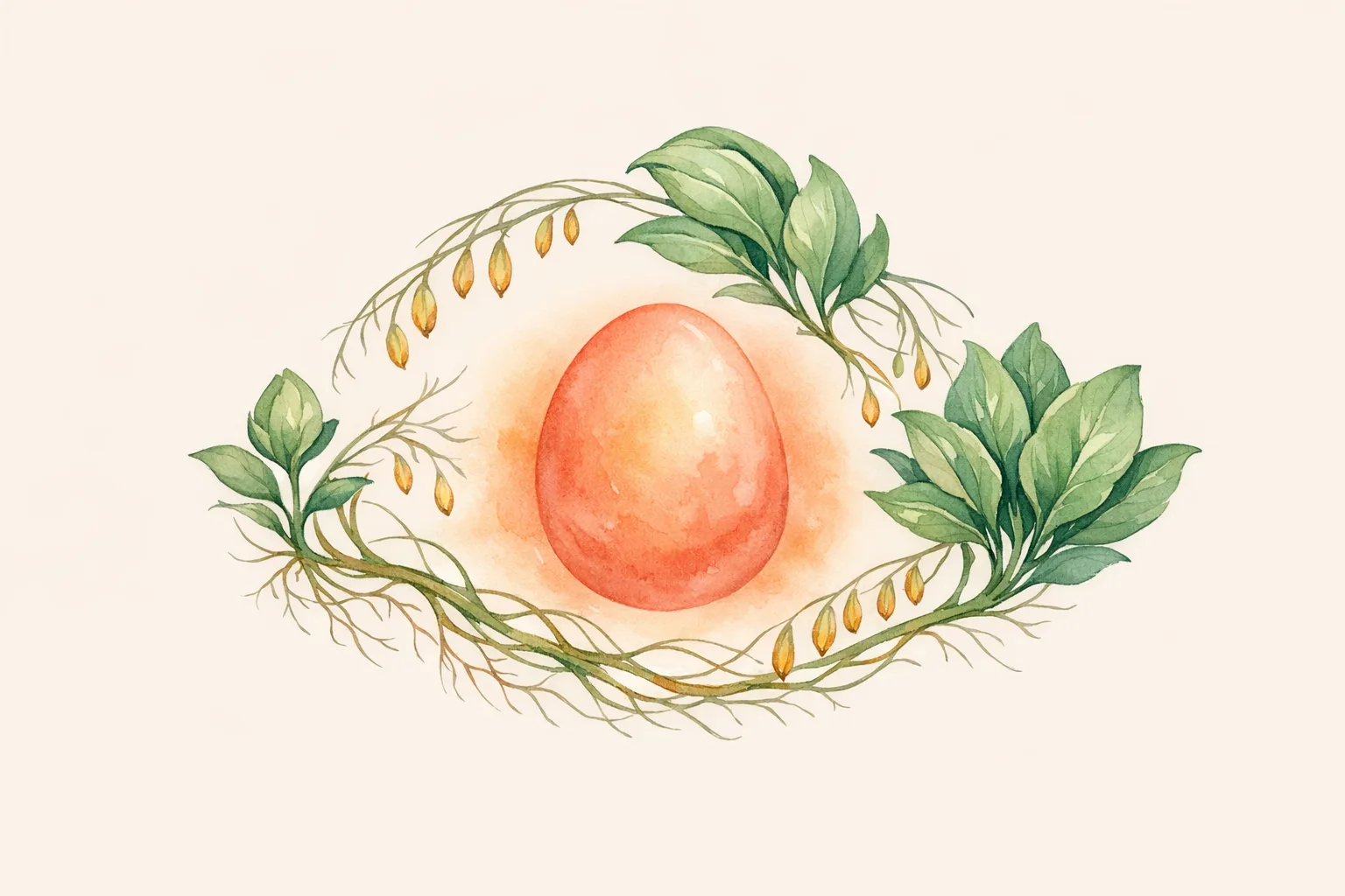 Botanical watercolor illustration of a glowing seed-like egg form surrounded by three stages of unfurling leaves representing the 90-day egg and sperm development cycle