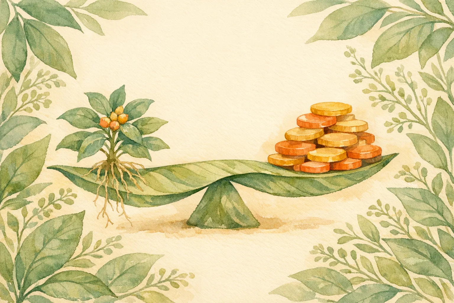 Watercolor illustration of a natural leaf balance scale with an ashwagandha herb sprig on one side and coin shapes on the other, surrounded by botanical foliage, representing fertility treatment cost comparison