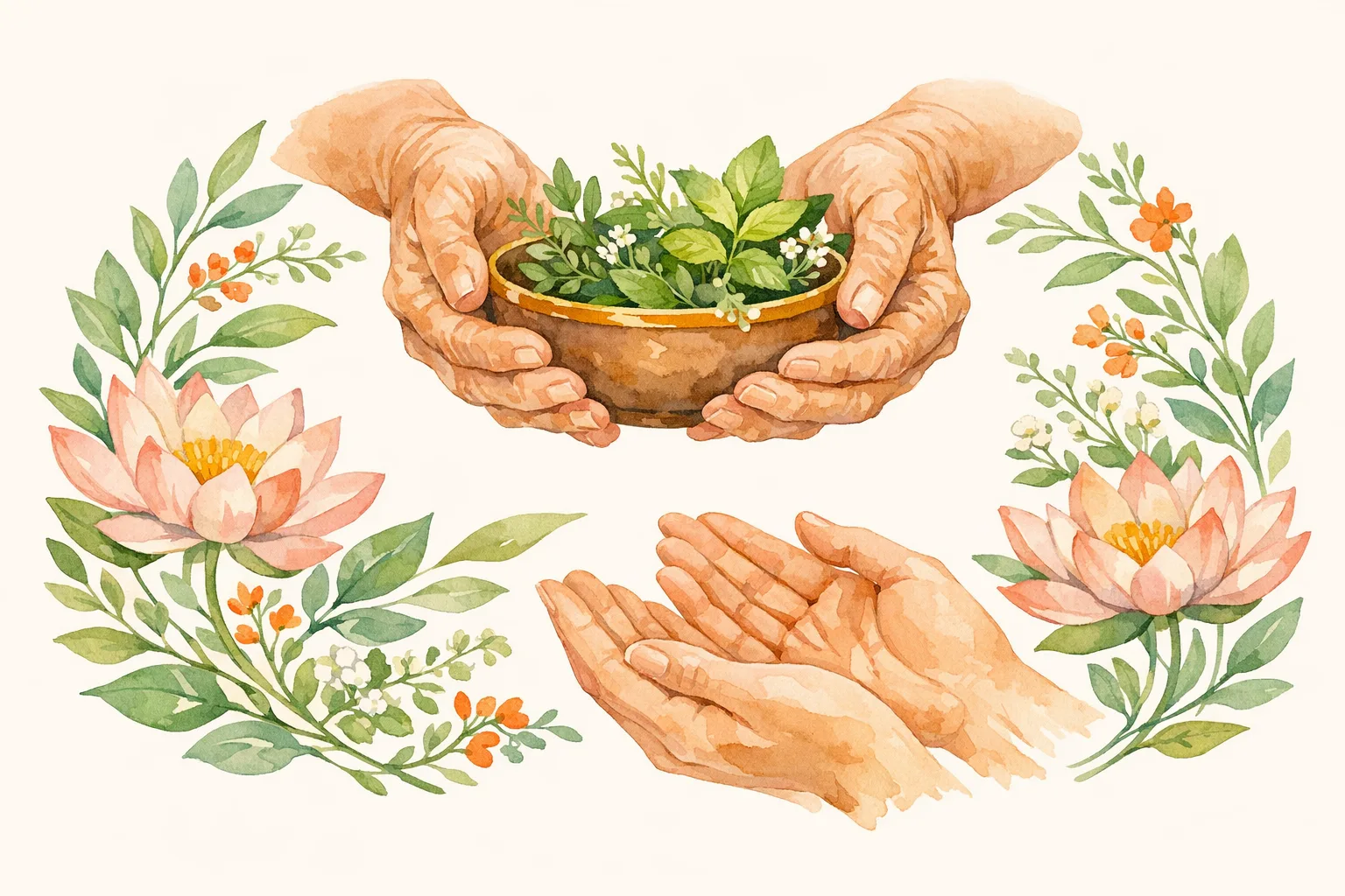 Botanical watercolor illustration of nurturing elder hands offering a clay bowl of Ayurvedic herbs to younger hands, surrounded by lotus flowers and botanical elements
