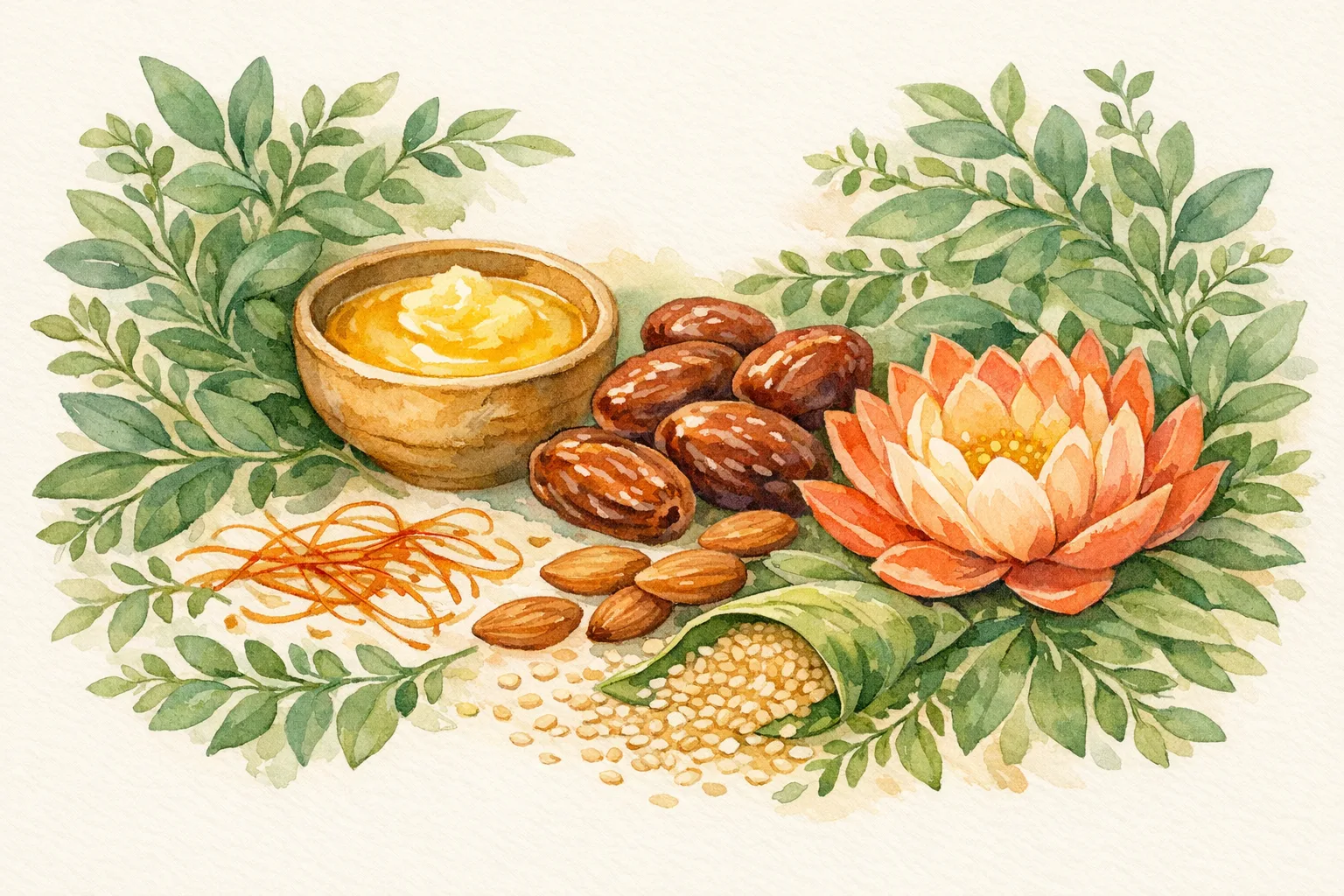 Watercolor illustration of Ayurvedic fertility foods including ghee, dates, almonds, and saffron alongside a lotus flower, representing the nourishing dietary foundation of Ayurvedic fertility treatment