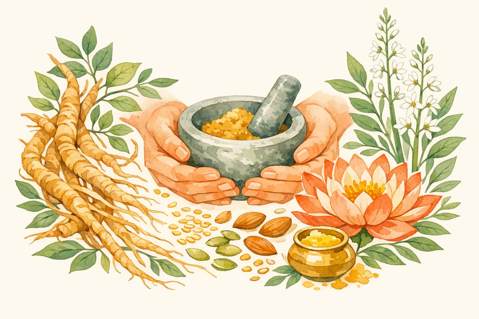 Watercolor illustration of gentle hands holding a mortar and pestle surrounded by Ayurvedic fertility herbs including ashwagandha roots, shatavari stalks, a lotus flower, seeds and almonds representing the Vajikarana tradition
