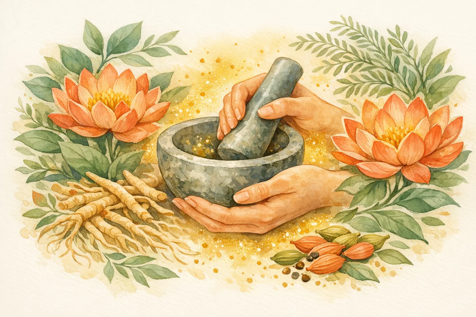 Watercolor illustration of gentle hands holding a mortar and pestle surrounded by Ayurvedic herbs, lotus flowers, and spices representing holistic fertility treatment