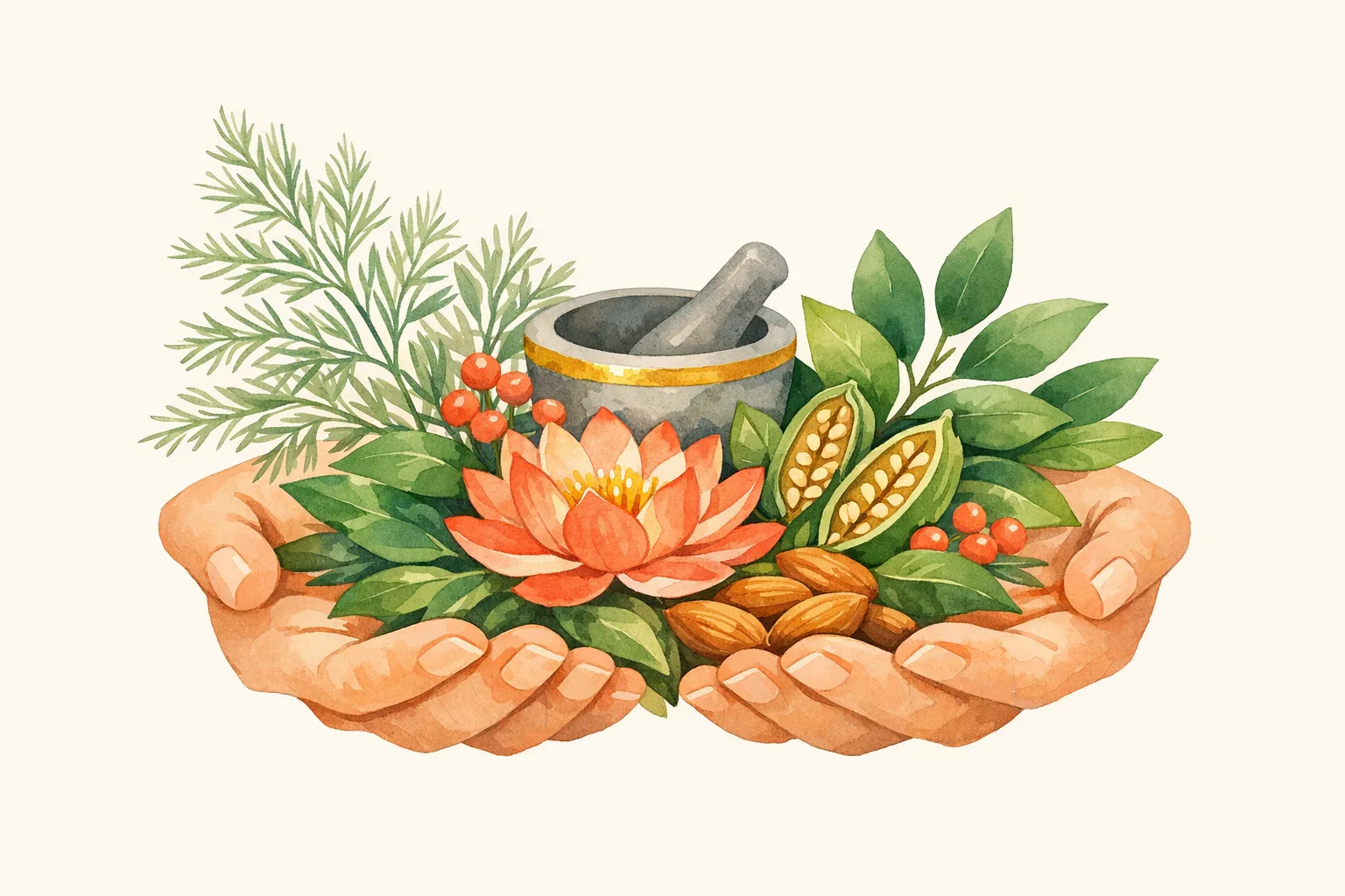 Botanical watercolor illustration of gentle hands holding Ayurvedic herbs including Shatavari fronds, a lotus flower, sesame pods, and a mortar and pestle