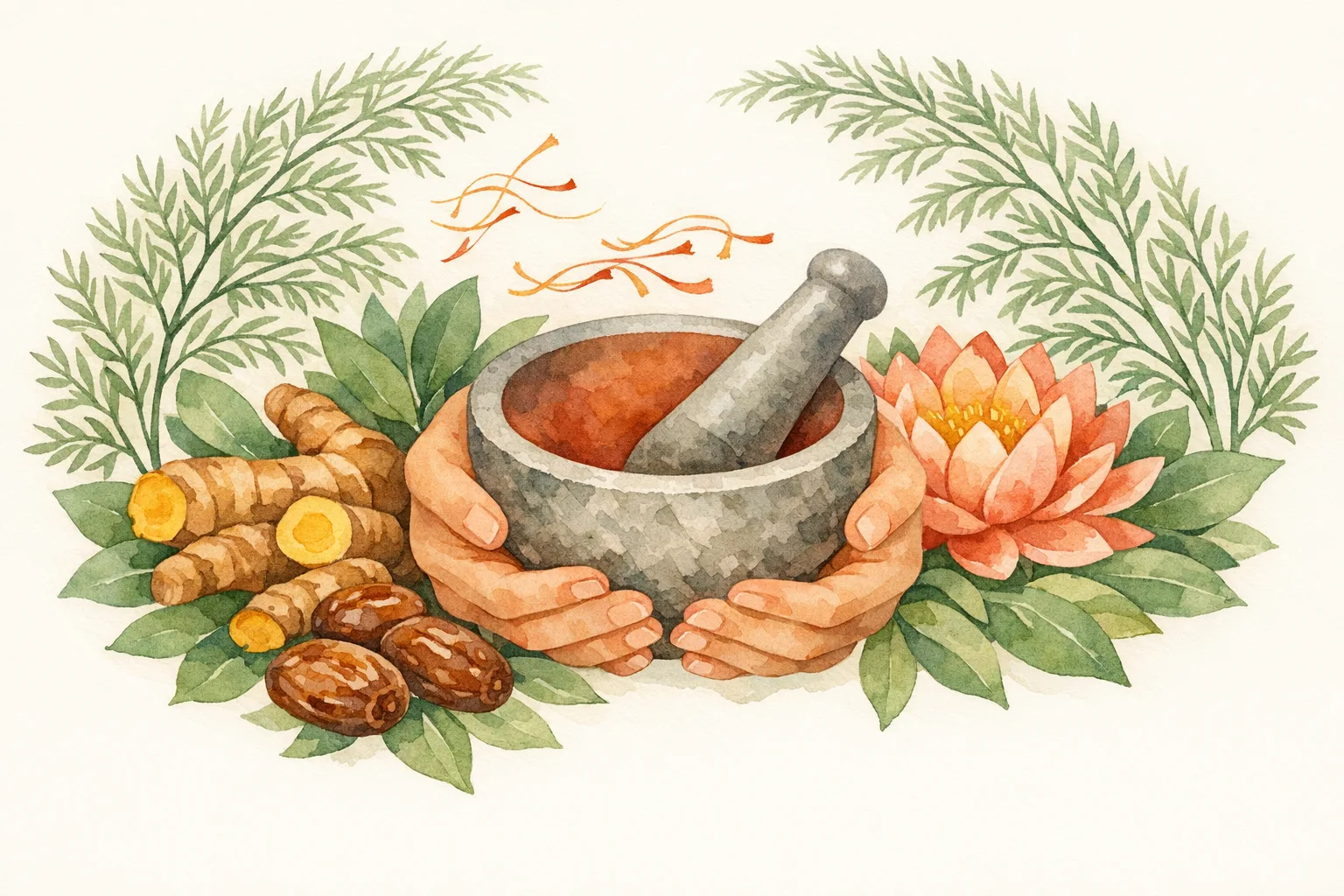 Botanical watercolor illustration of gentle hands holding a mortar and pestle surrounded by Ayurvedic fertility herbs including Shatavari fronds, lotus flower, turmeric root and saffron threads