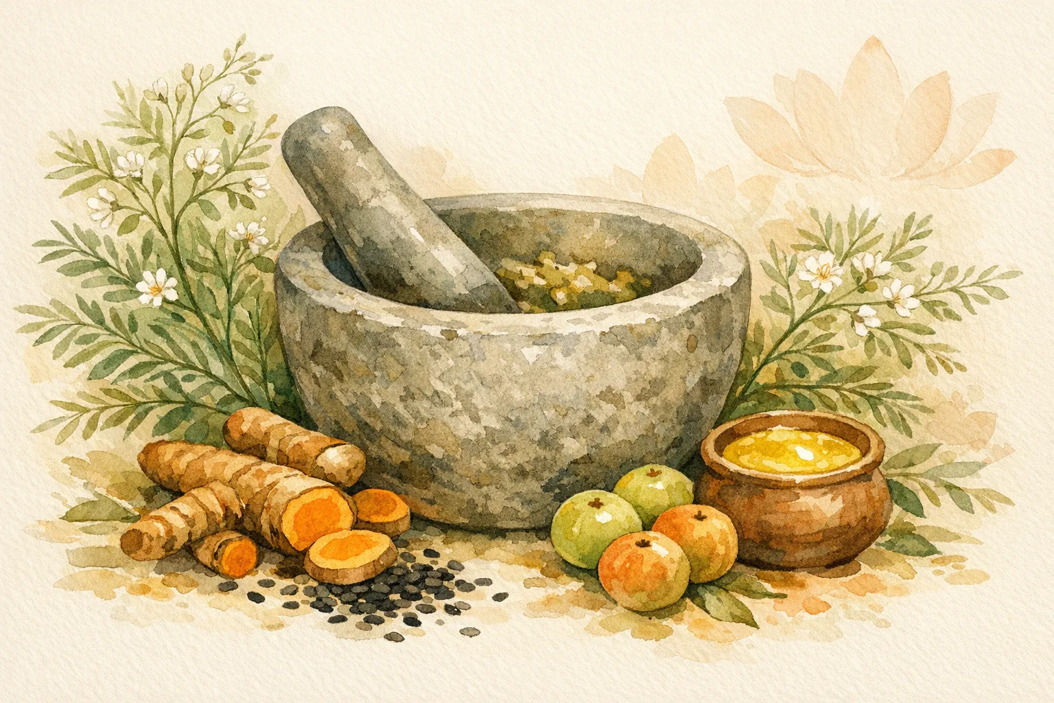 Watercolor illustration of a stone mortar and pestle surrounded by Ayurvedic fertility herbs including shatavari, turmeric root, amla berries, black sesame seeds, and a pot of ghee