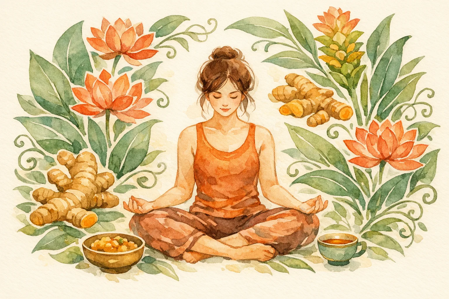 Watercolor illustration of a woman in a calm meditative pose surrounded by flowing lotus flowers, botanical herbs, turmeric, and ginger representing the holistic Ayurvedic fertility approach