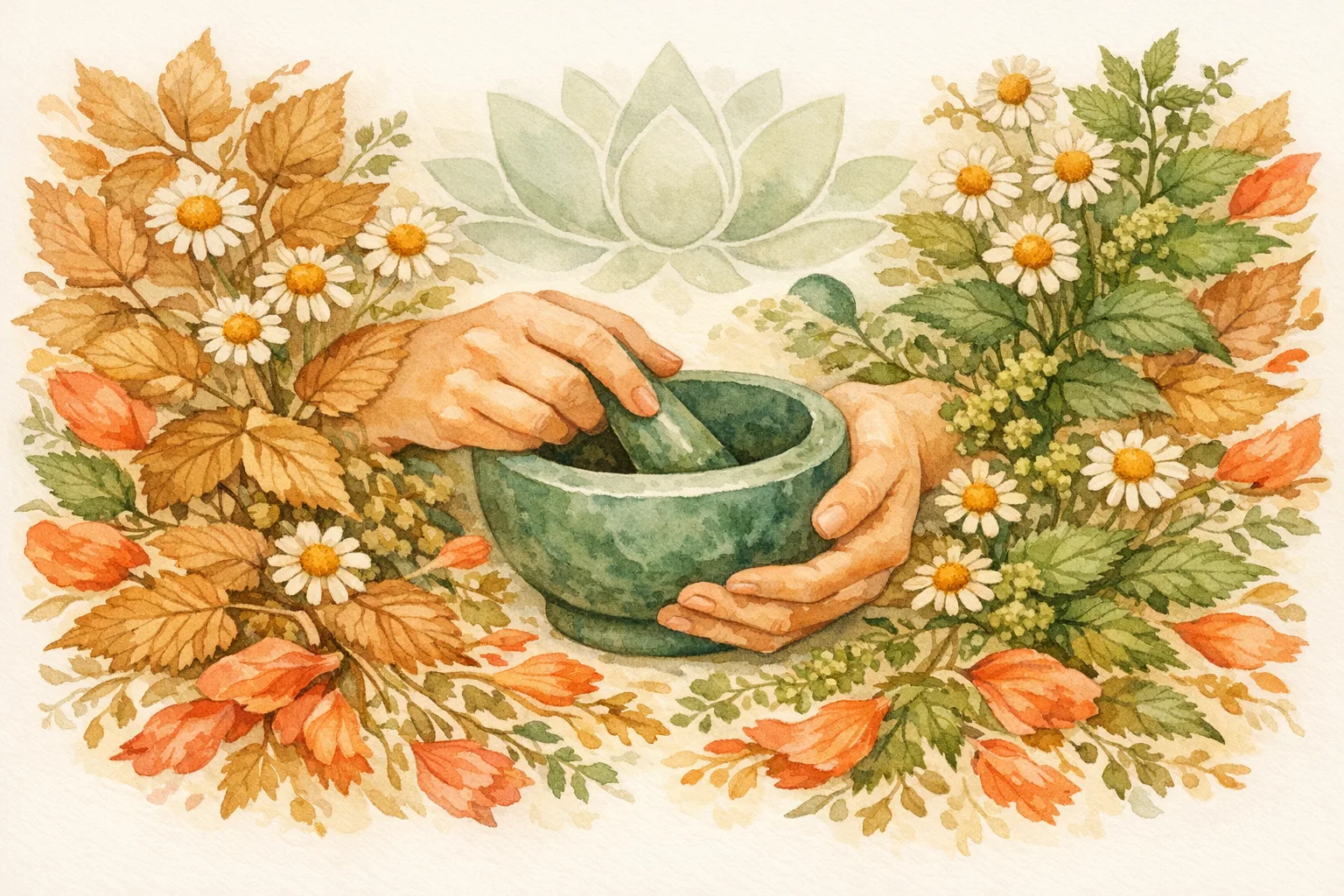 Watercolor illustration of gentle hands holding a mortar and pestle surrounded by raspberry leaves, chamomile, and hibiscus representing Ayurvedic herbal preparation