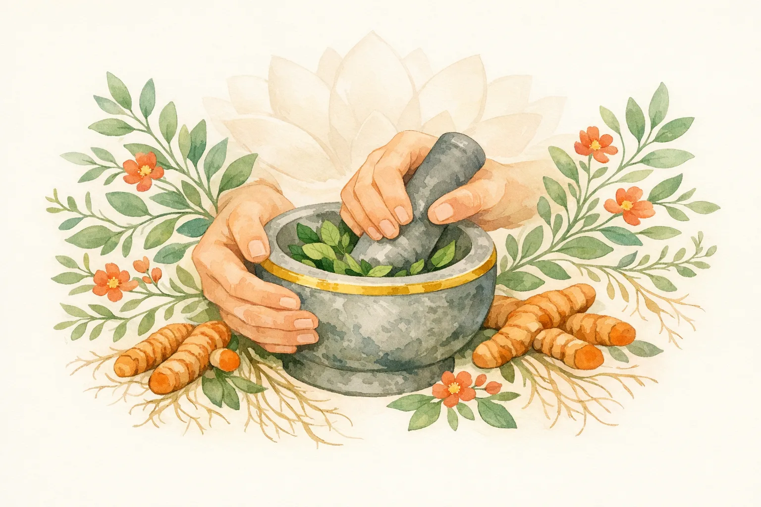 Botanical watercolor illustration of gentle nurturing hands using a traditional mortar and pestle to prepare herbal remedies, surrounded by flowing leaves, roots, and blossoms representing the holistic Ayurvedic approach to women's health.