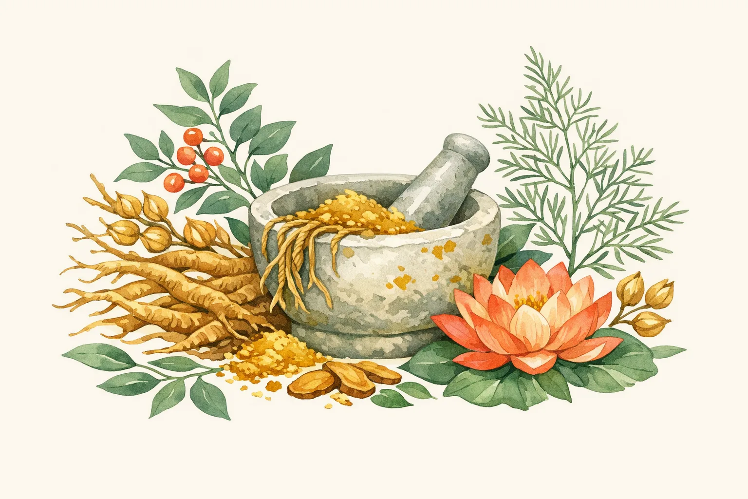 Watercolor illustration of Ayurvedic herbs including ashwagandha roots and shatavari fronds arranged around a stone mortar and pestle with a lotus flower, representing traditional herbal fertility protocols