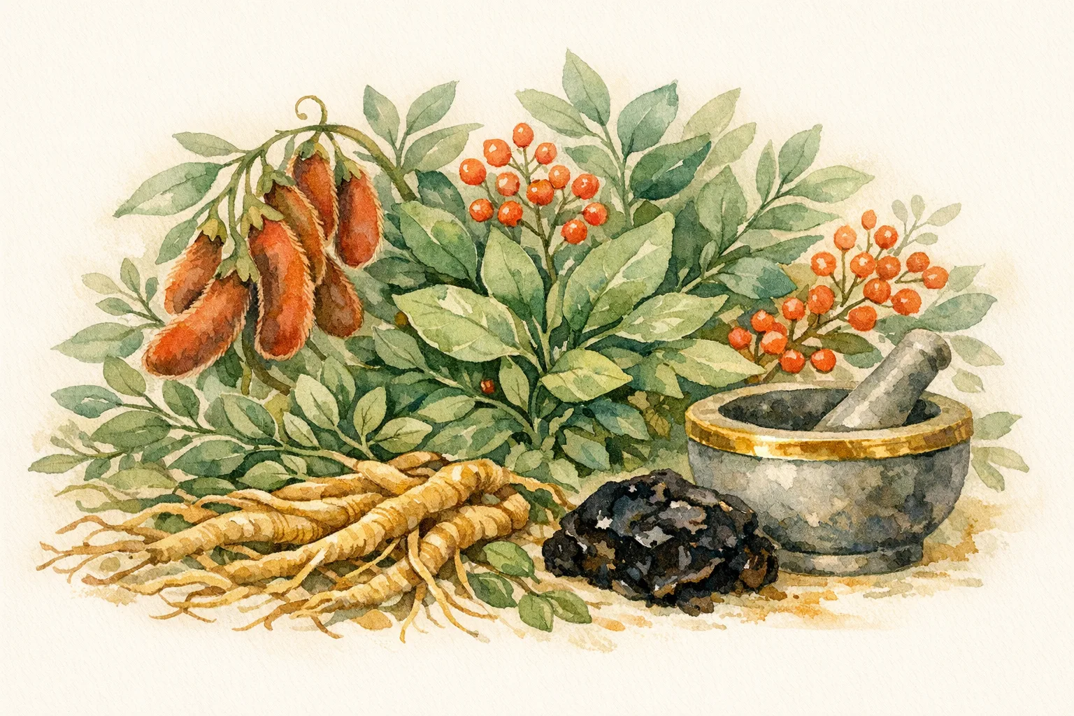 Watercolor botanical illustration of Ayurvedic herbs including ashwagandha roots, shilajit resin, and mucuna pruriens pods with a stone mortar and pestle