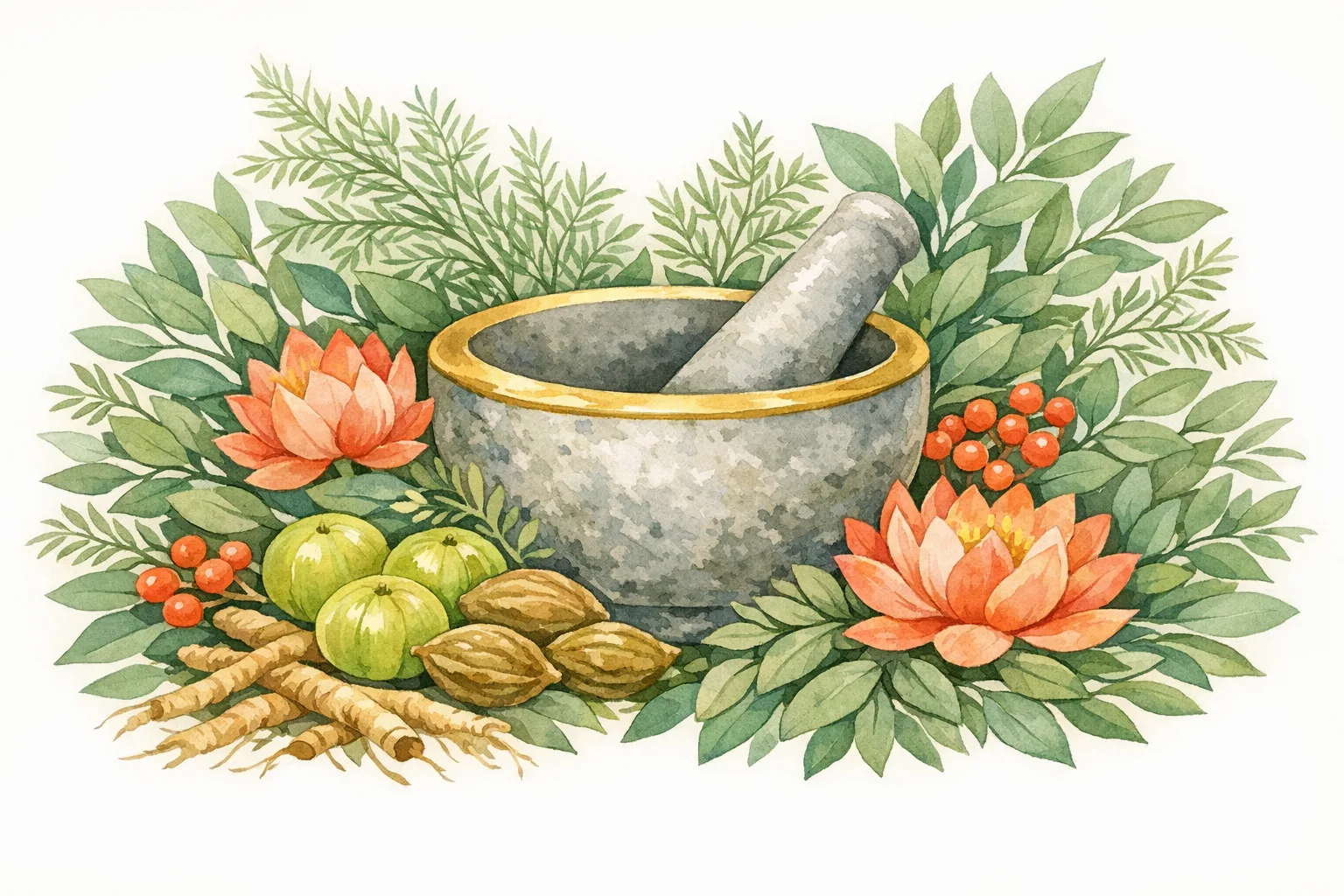 Watercolor illustration of a mortar and pestle surrounded by Ayurvedic fertility herbs including shatavari, triphala fruits, and botanical leaves