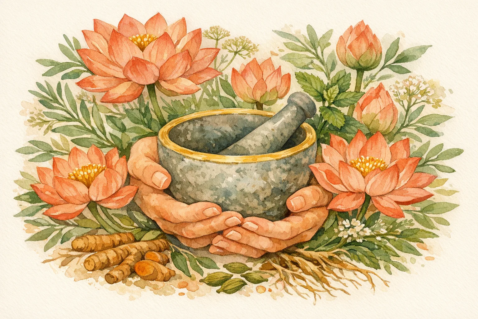 Watercolor illustration of nurturing hands using a mortar and pestle surrounded by lotus flowers and Ayurvedic medicinal herbs, representing the holistic Ayurvedic approach to fertility