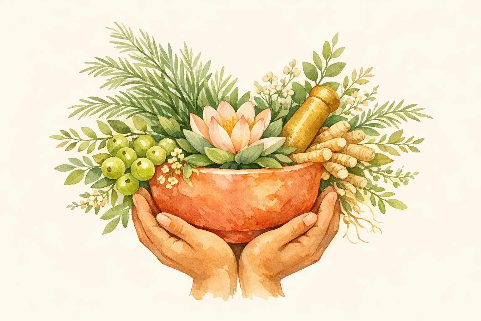 Botanical watercolor illustration of a mortar and pestle overflowing with Ayurvedic herbs including shatavari leaves, ashwagandha roots, amla berries and a lotus flower cradled by gentle hands