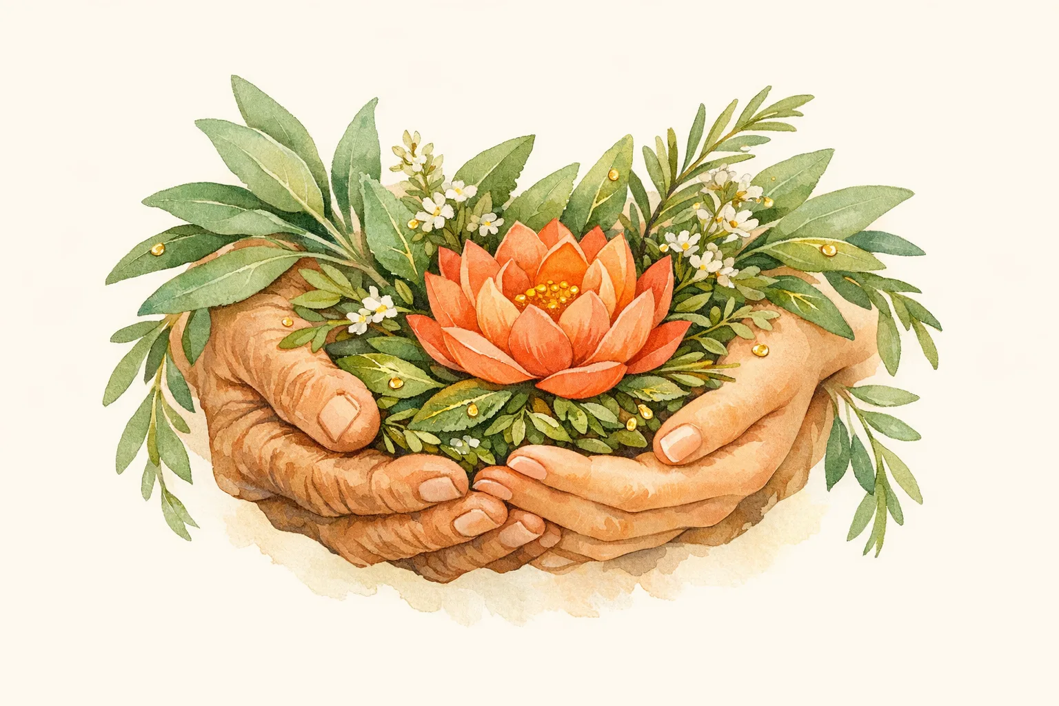 Watercolor illustration of elder and younger hands passing lotus flowers and herbs, representing Ayurvedic intergenerational knowledge about fertility and the body's natural cycles