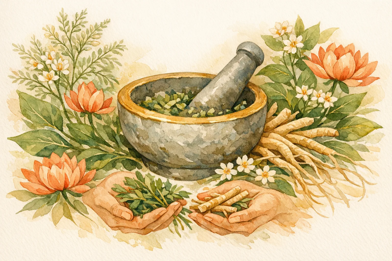 Botanical watercolor illustration of a stone mortar and pestle surrounded by flowing Ayurvedic herbs, lotus flowers, and gentle hands representing the holistic Ayurvedic approach to fertility