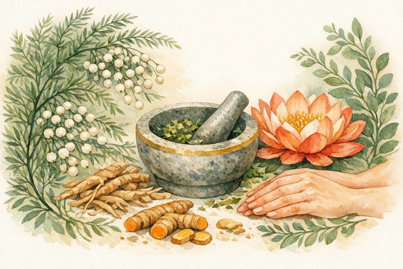 Watercolor illustration of Shatavari herbs, lotus flower, mortar and pestle, and botanical roots representing the Ayurvedic approach to preconception health and fertility preparation