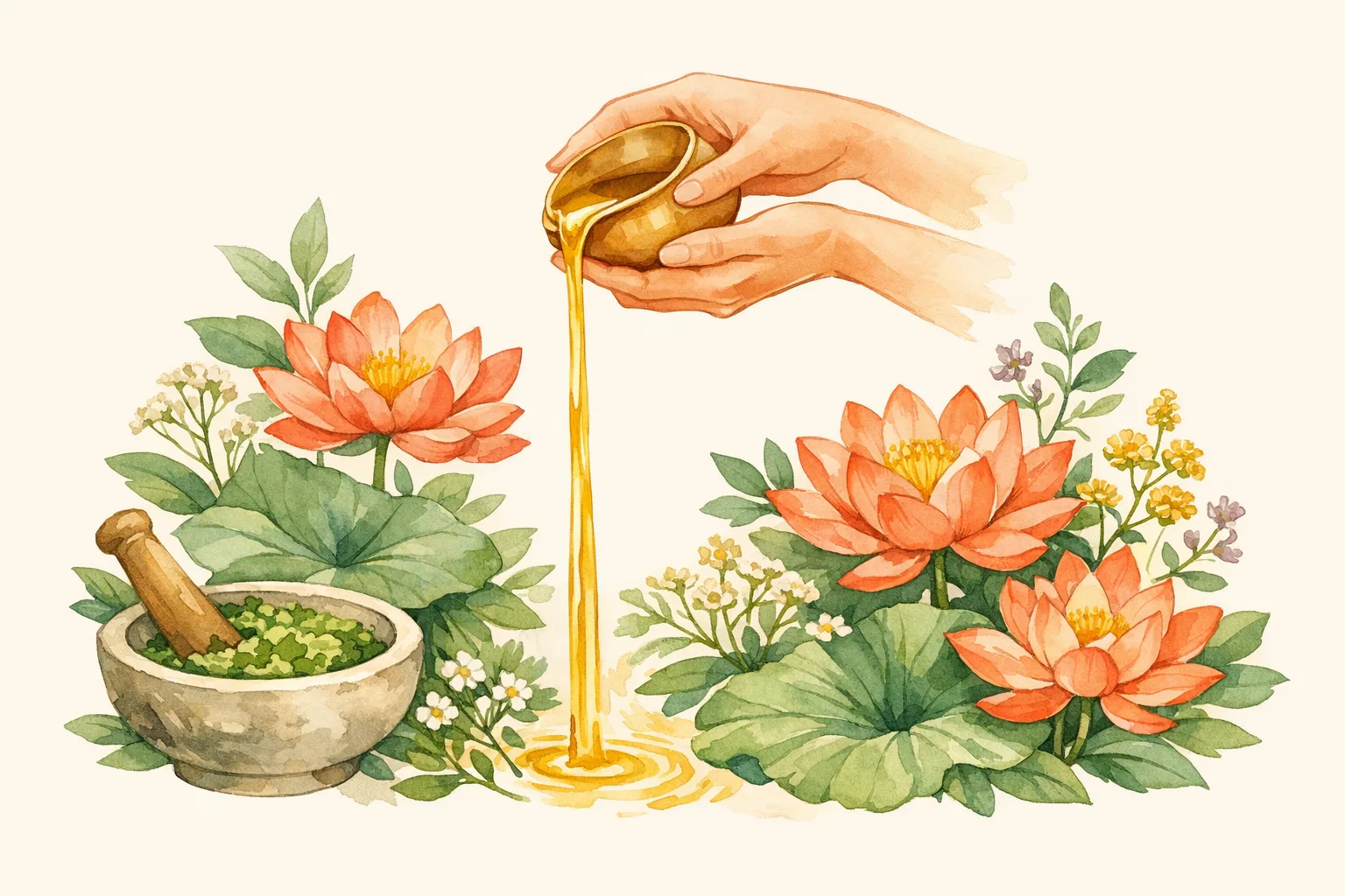 Botanical watercolor illustration of gentle hands pouring medicated herbal oil surrounded by lotus flowers, mortar and pestle, and lush medicinal herbs representing Ayurvedic fertility treatment protocol