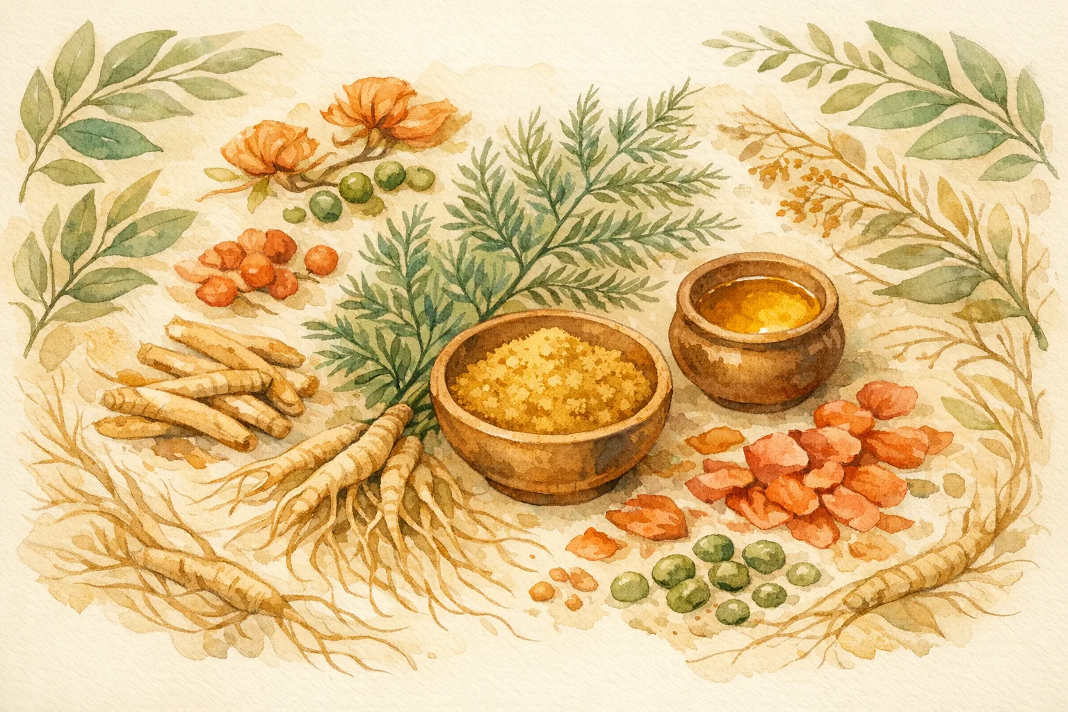 Watercolor illustration of an Ayurvedic herbal preparation spread including a clay bowl of herbal powder, shatavari fern sprigs, dried botanicals, and small earthen vessels in sage green and warm coral tones