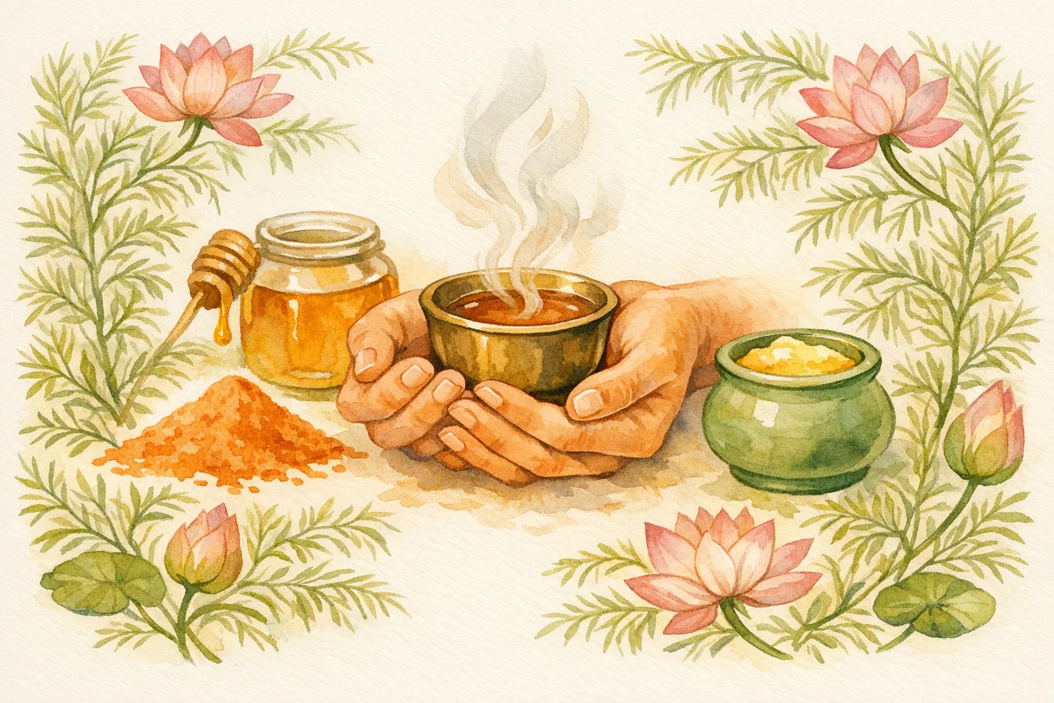 Watercolor illustration of gentle hands holding a warm herbal Shatavari tonic cup surrounded by root powder, honey, ghee, and botanical lotus motifs in an Ayurvedic preparation scene
