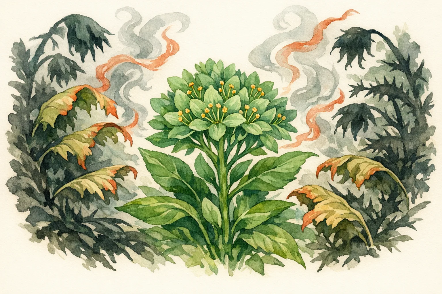 Botanical watercolor illustration of a central flowering plant surrounded by wilting leaves and smoke-like wisps representing environmental and lifestyle causes of diminished ovarian reserve