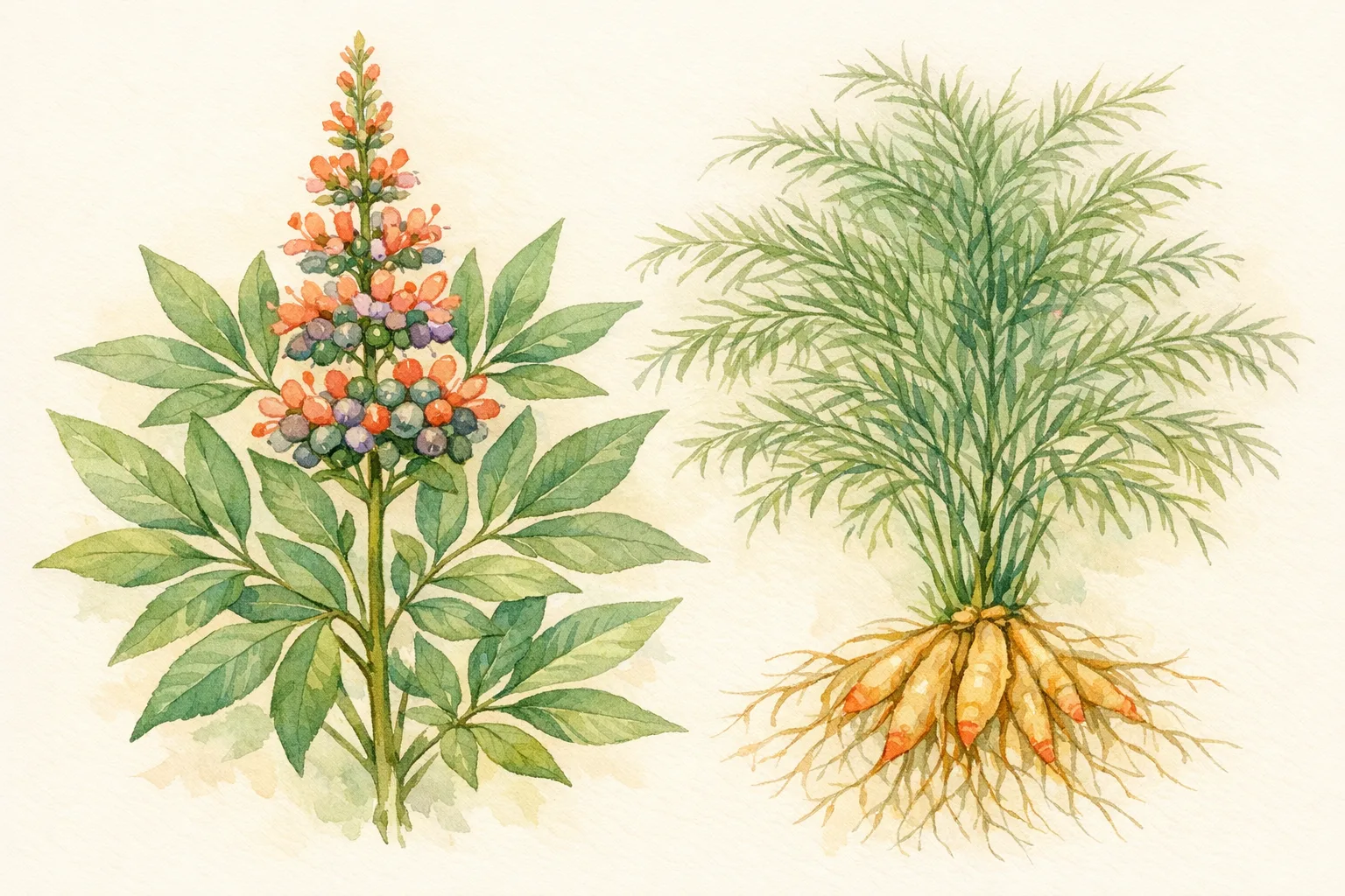 Botanical watercolor illustration of chasteberry and shatavari plants, two of the most researched herbs found in fertility teas