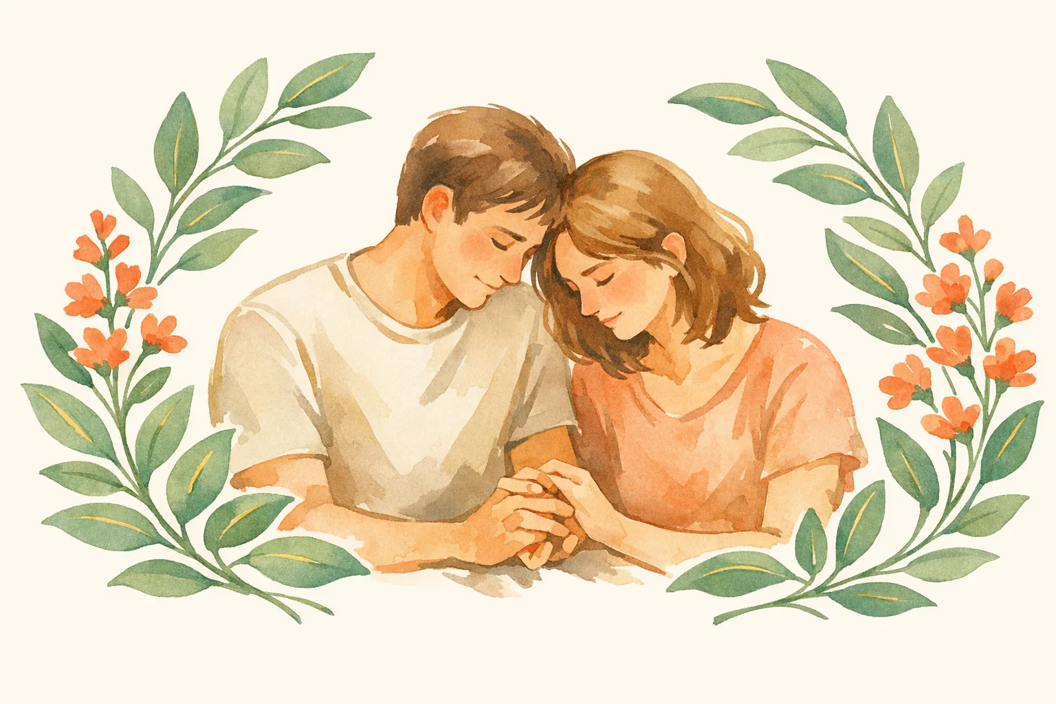 Watercolor illustration of a couple sitting together with intertwined hands surrounded by soft botanical leaves and flowers, conveying emotional exhaustion and hope during fertility treatment