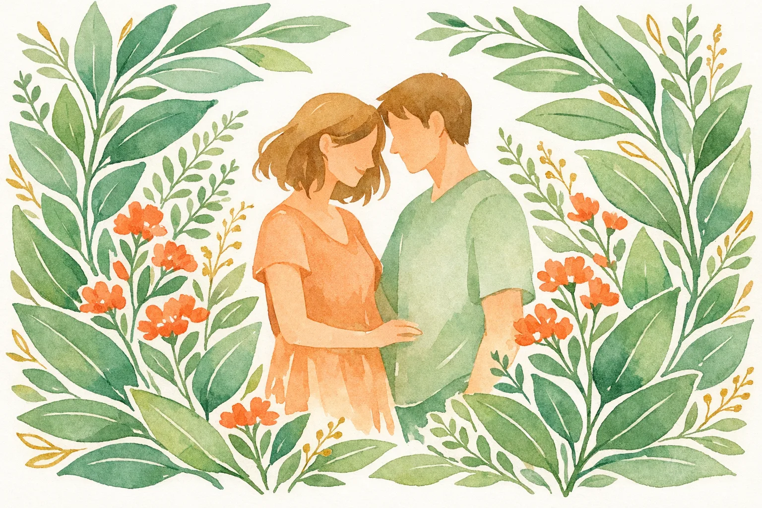 Soft watercolor illustration of two figures surrounded by botanical herbs and leaves, representing both partners in a shared fertility journey