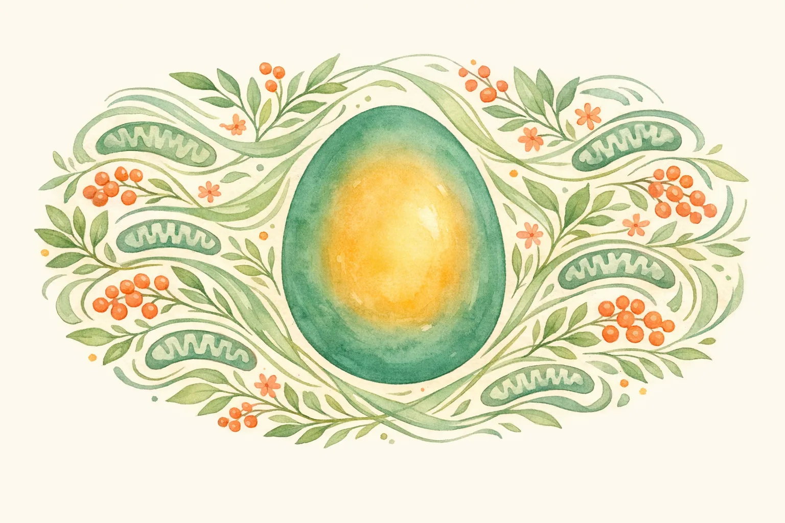 Watercolor illustration of a glowing egg cell surrounded by botanical leaves and flowing energy forms representing mitochondrial health and antioxidant support for egg quality