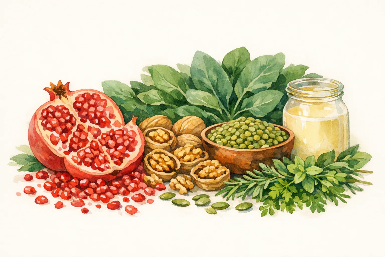 Botanical watercolor illustration of fertility-supporting whole foods including pomegranate, walnuts, lentils, leafy greens and full-fat dairy arranged in an abundant still life