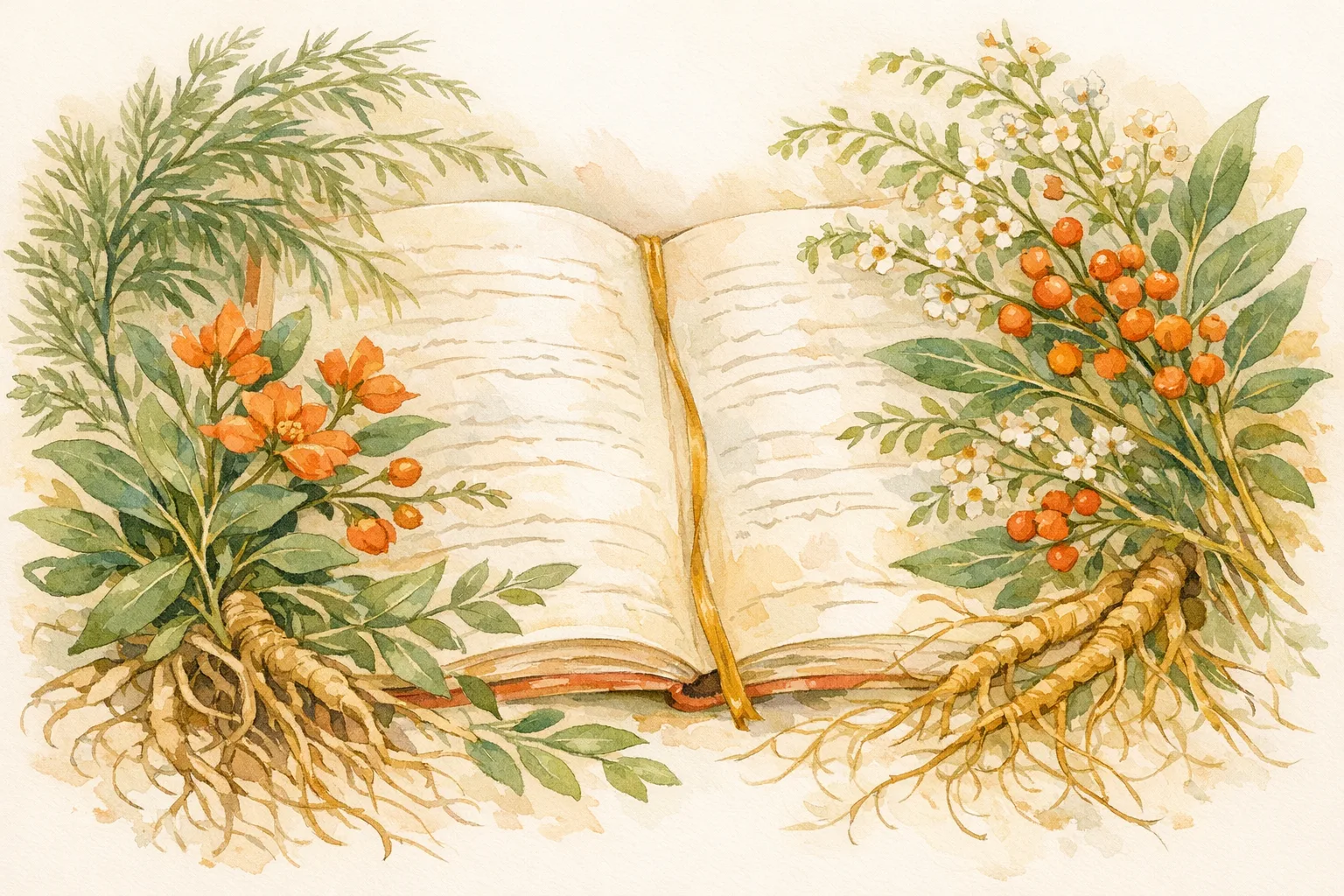 Watercolor illustration of medicinal herbs and botanical plants arranged across open research journal pages, representing the scientific study of herbal fertility medicine