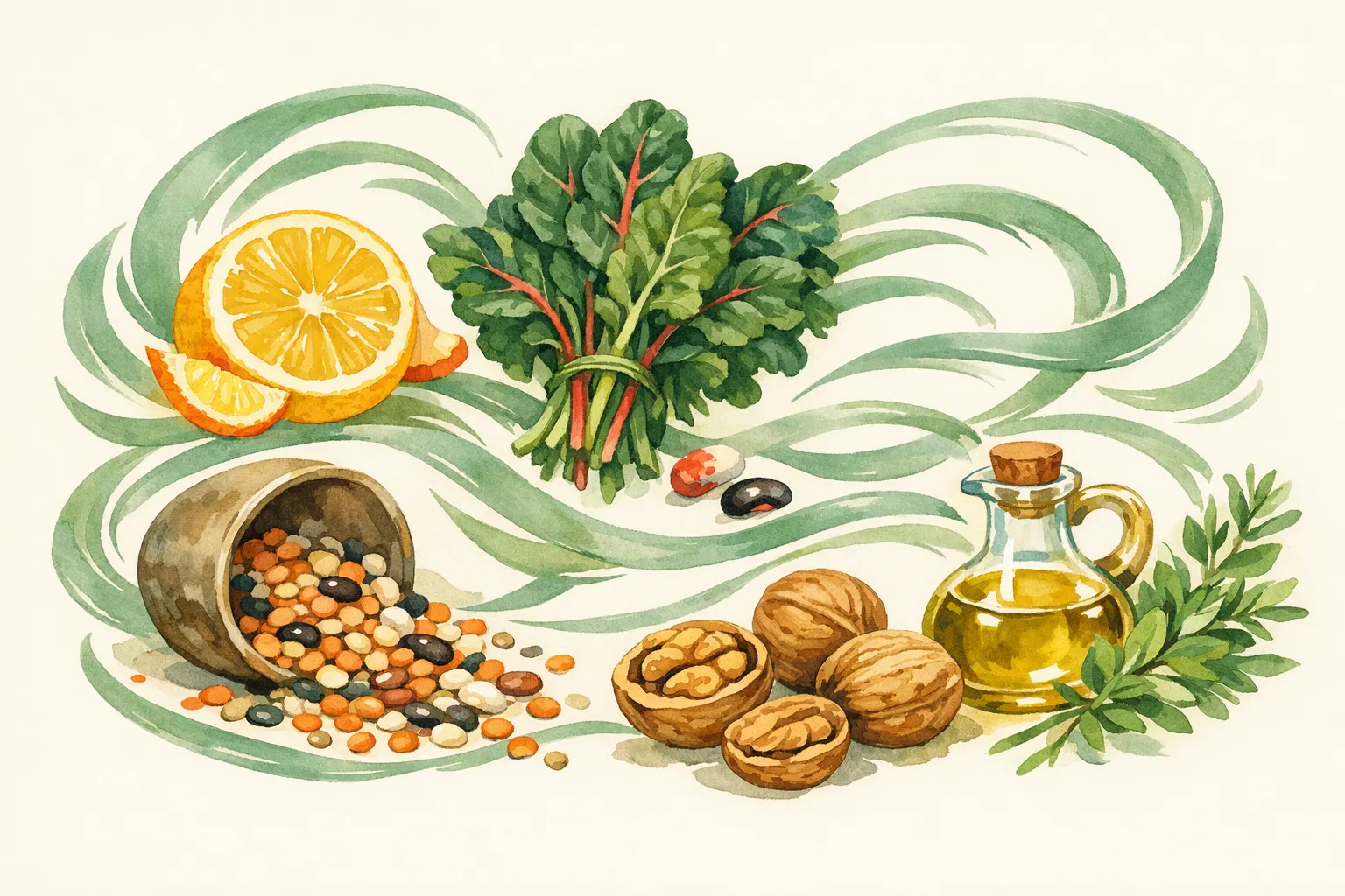 Watercolor illustration of whole foods including leafy greens, lentils, olive oil, and citrus with flowing organic lines suggesting nutritional pathways that support fertility