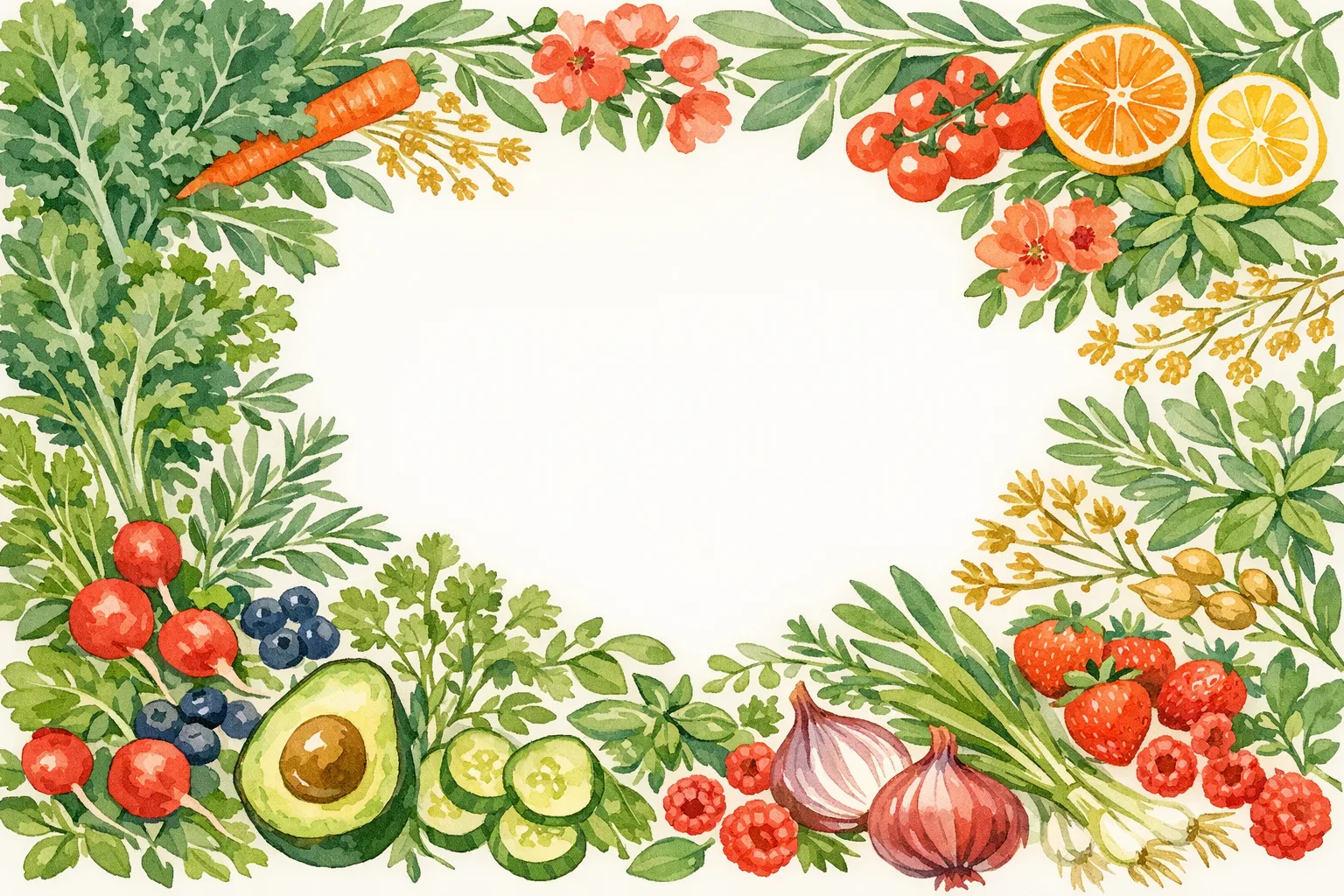 Watercolor illustration of an abundant arrangement of fresh vegetables, fruits, and herbs in sage green and warm coral tones representing nutrition and lifestyle support for fertility