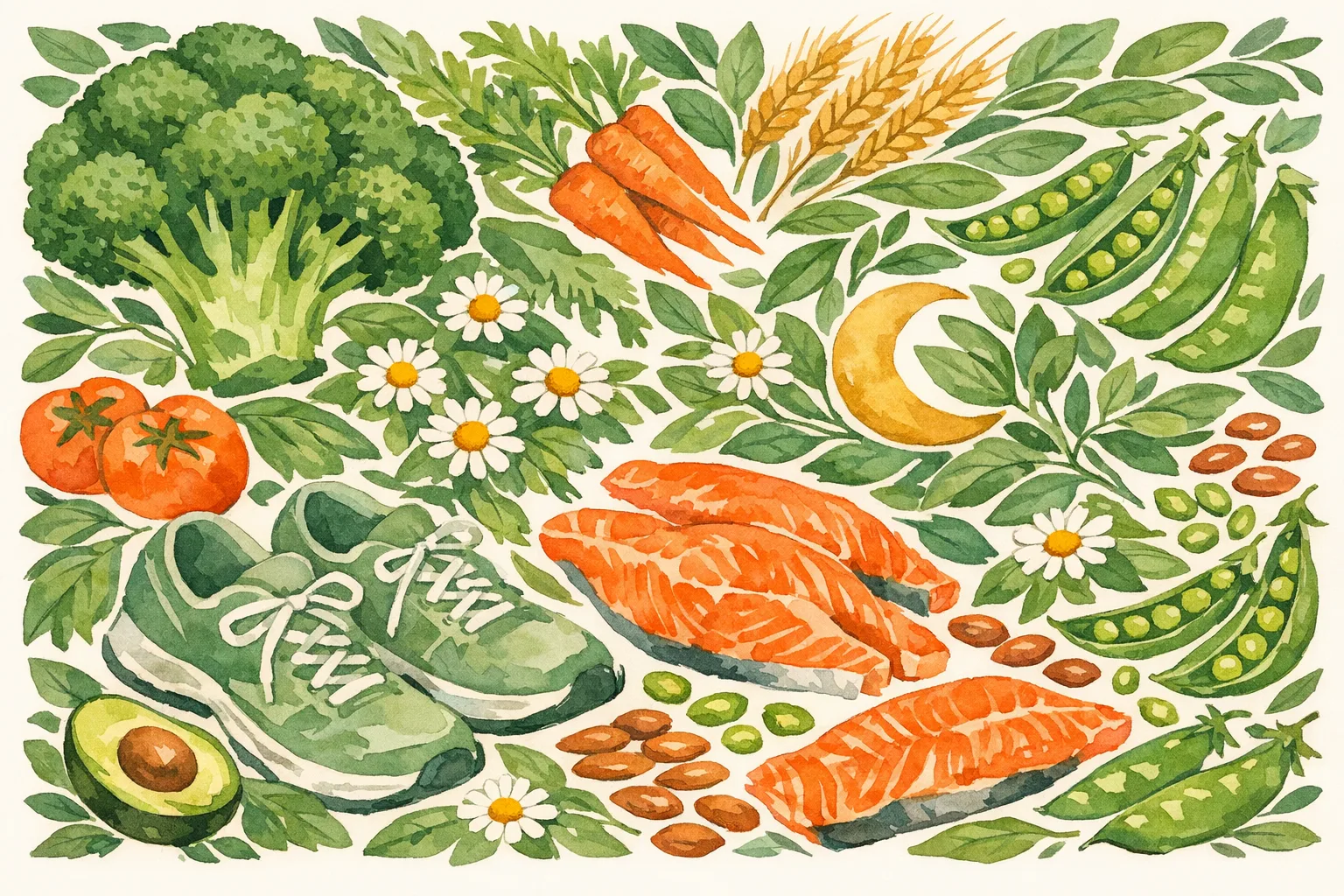 Watercolor overhead botanical illustration showing fertility-supporting elements including vegetables, whole grains, fish, walking shoes, chamomile flowers and a crescent moon representing diet, exercise and stress research