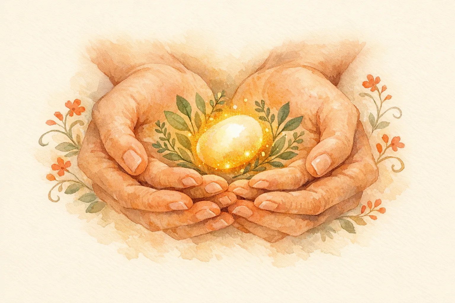 Watercolor illustration of two pairs of gentle hands cupped together holding a glowing seed form surrounded by botanical herbs and leaves, symbolizing fertility support
