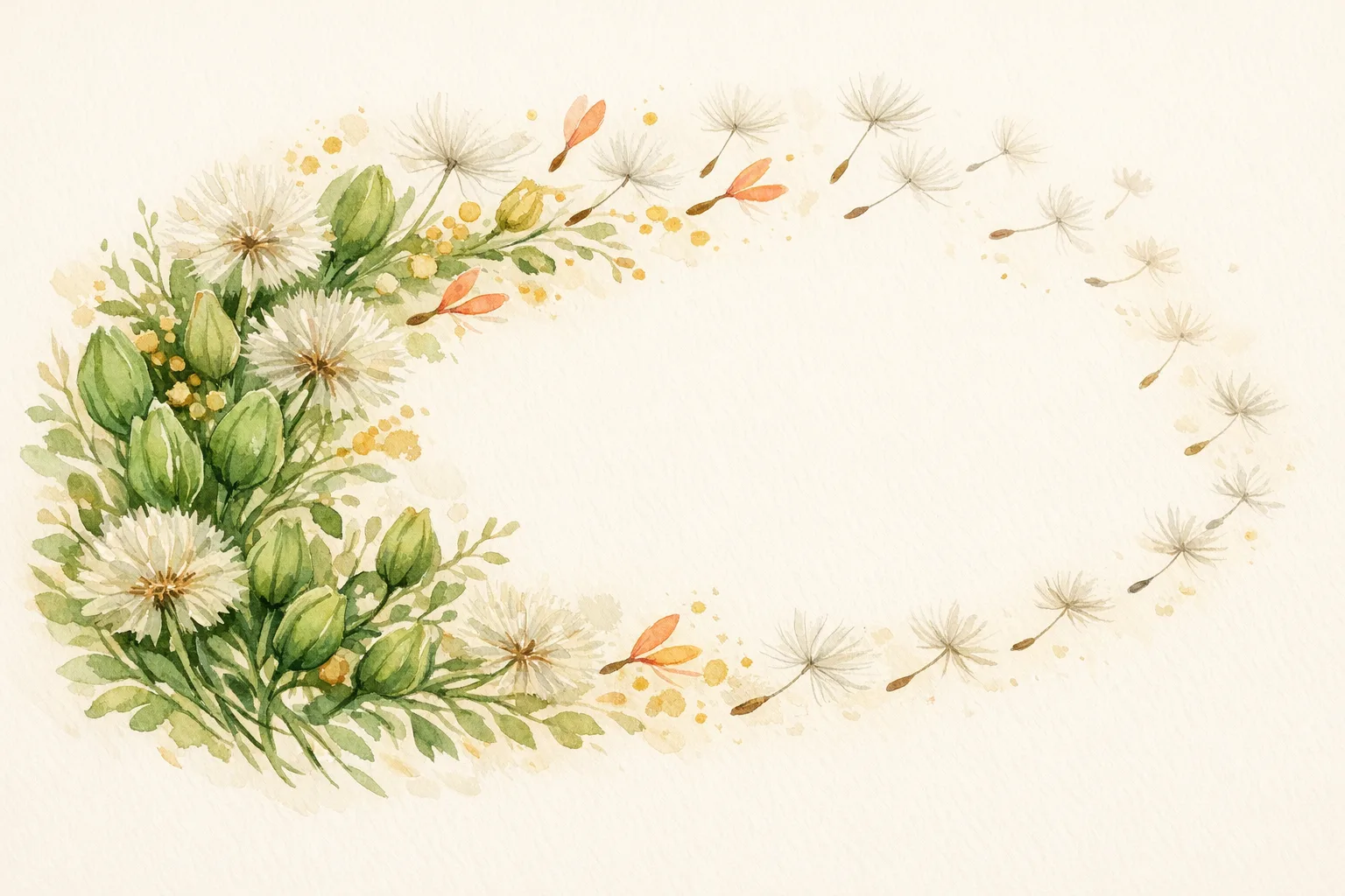 Botanical watercolor illustration showing abundant seed pods on the left gradually diminishing to sparse, faded seeds on the right, representing the global decline in sperm quality over recent decades.
