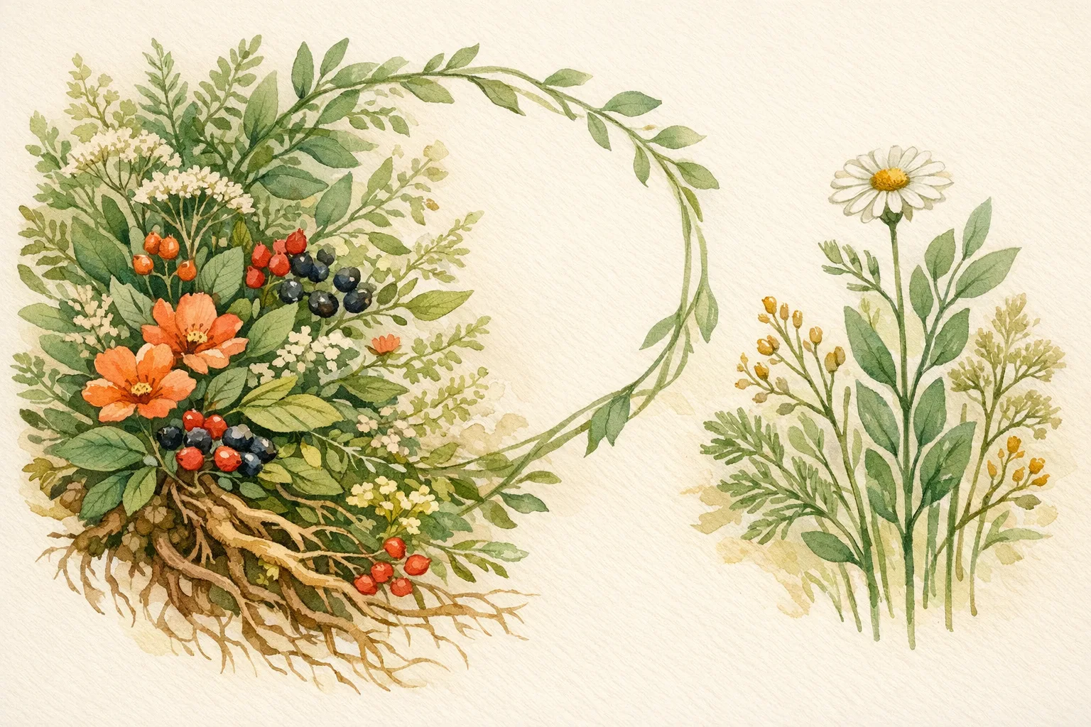 Watercolor illustration of two botanical groupings balanced side by side representing a comparison between lush herbal medicine and a more structured conventional fertility approach