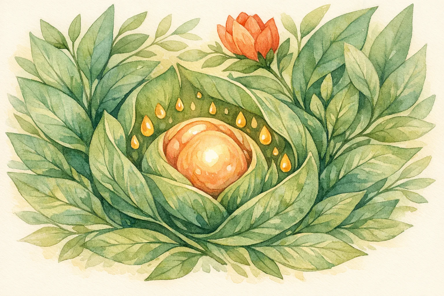 Botanical watercolor illustration of a glowing seed pod representing a healthy egg follicle surrounded by fluid droplets and lush sage green leaves, symbolising inositol's role in egg quality