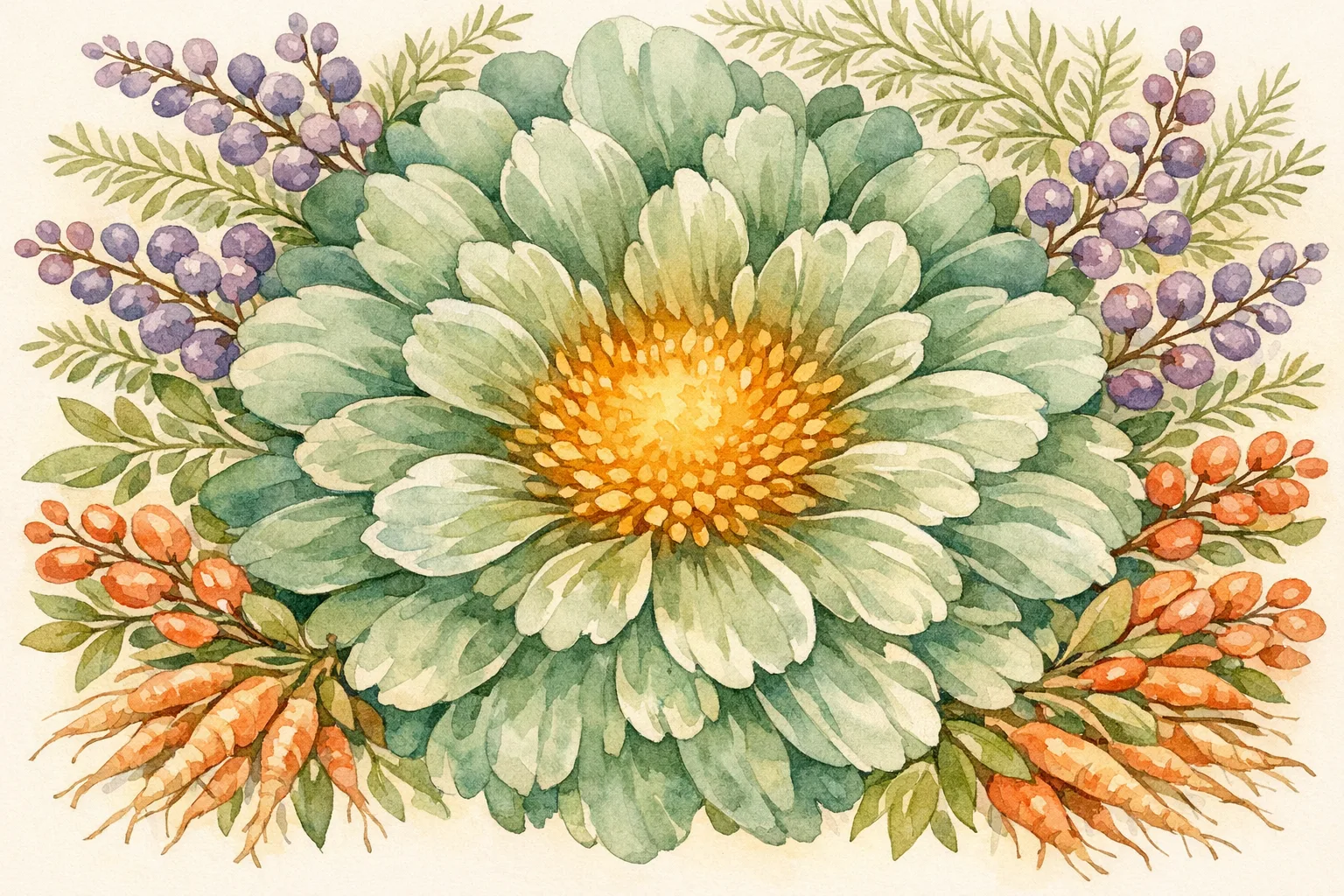 Botanical watercolor illustration of a blooming flower cross-section surrounded by Vitex berries, Shatavari fronds, and ashwagandha roots representing herbal research for luteal phase defect