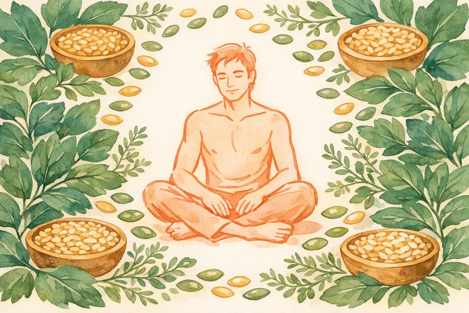 Watercolor illustration of a calm male figure surrounded by nourishing foods including pumpkin seeds, whole grains, and leafy botanical herbs, representing practical daily lifestyle steps to support male fertility naturally