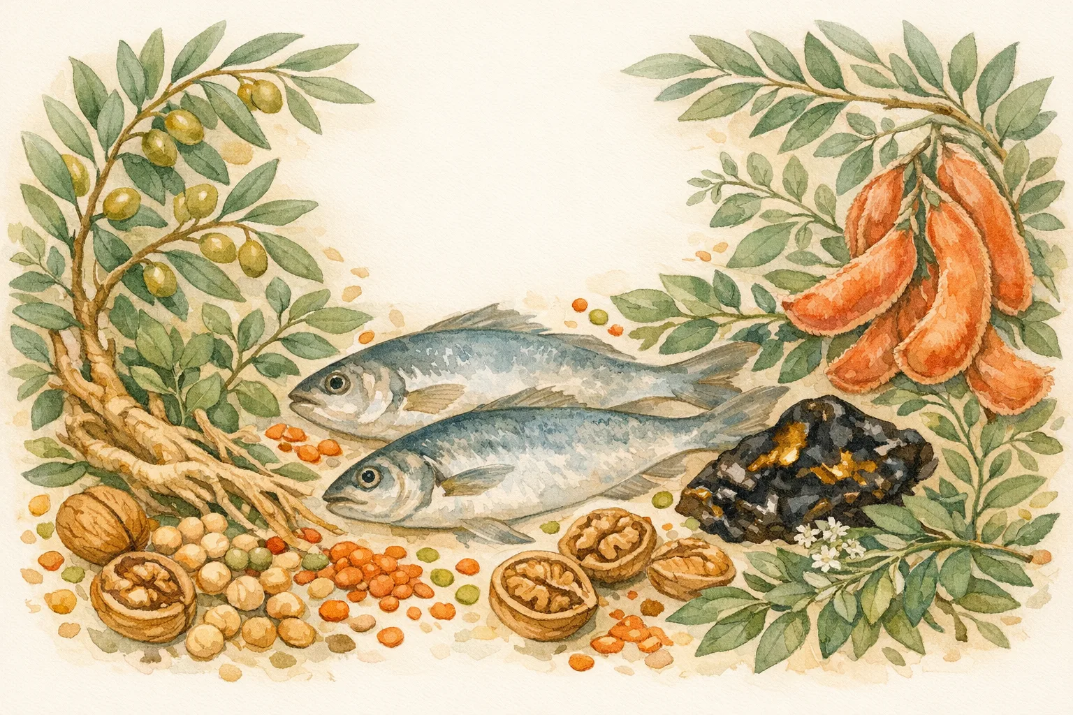 Lush botanical watercolor still life of Mediterranean foods and Ayurvedic herbs including olive branches, fish, legumes, Ashwagandha root, Shilajit resin, and Mucuna pods representing natural approaches to improving sperm motility.