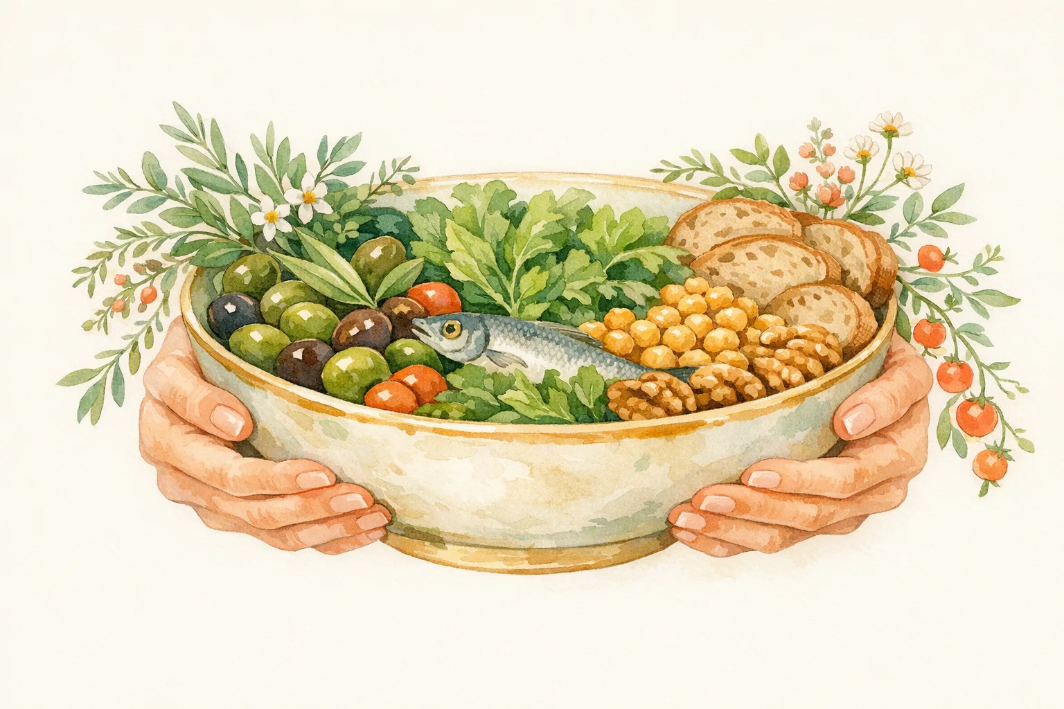 Watercolor illustration of warm hands cradling a ceramic bowl overflowing with Mediterranean fertility-supporting foods including olives, leafy greens, fish, legumes, and whole grains