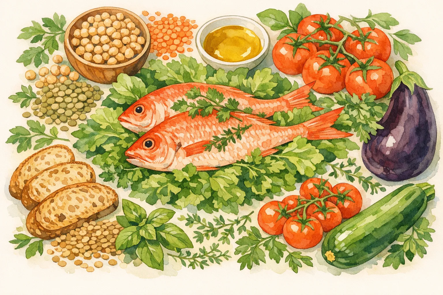 Watercolor illustration of a Mediterranean diet spread with vegetables, legumes, whole grains, fish, and olive oil associated with improved fertility outcomes
