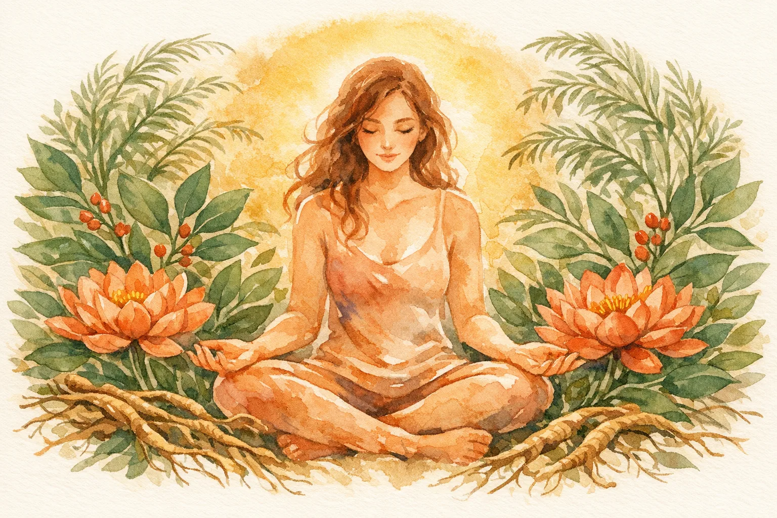 Watercolor illustration of a woman in a calm seated posture surrounded by ashwagandha and shatavari botanicals and open lotus flowers, representing mind-body and Ayurvedic approaches to fertility