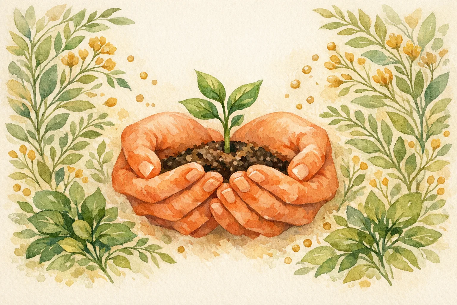 Botanical watercolor illustration of two gentle cupped hands holding a small green seedling sprouting from soil, surrounded by herbs and botanical elements symbolizing natural fertility nourishment