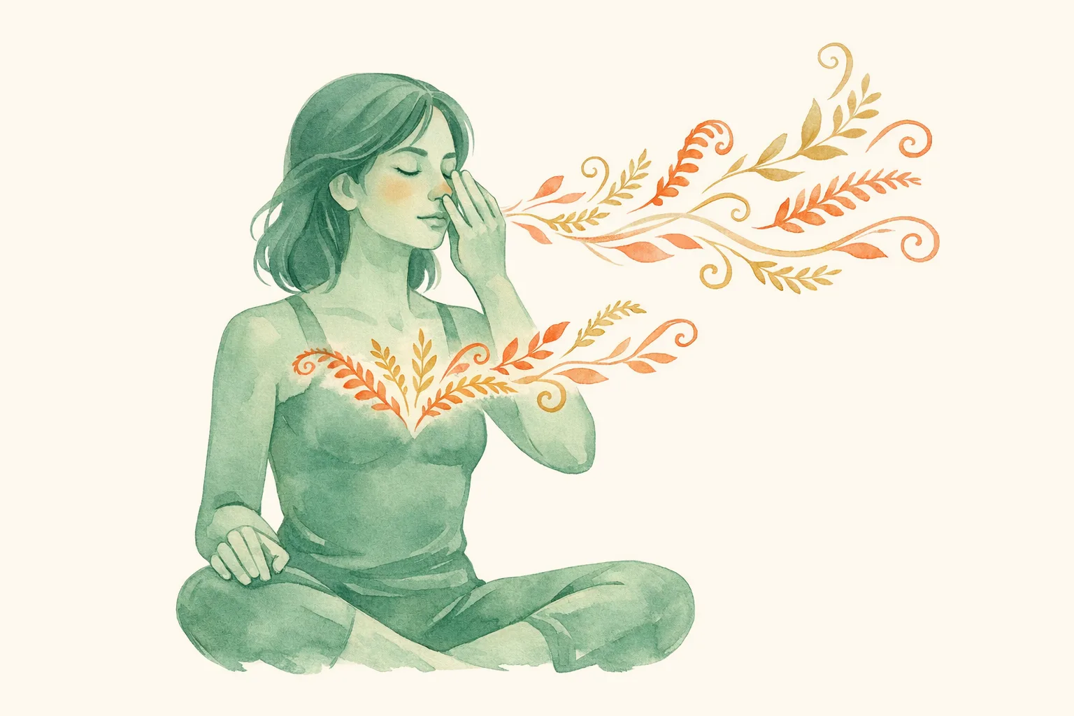 Botanical watercolor illustration of a woman practicing pranayama alternate nostril breathing with flowing botanical wisps representing breath movement and cortisol reduction for fertility support