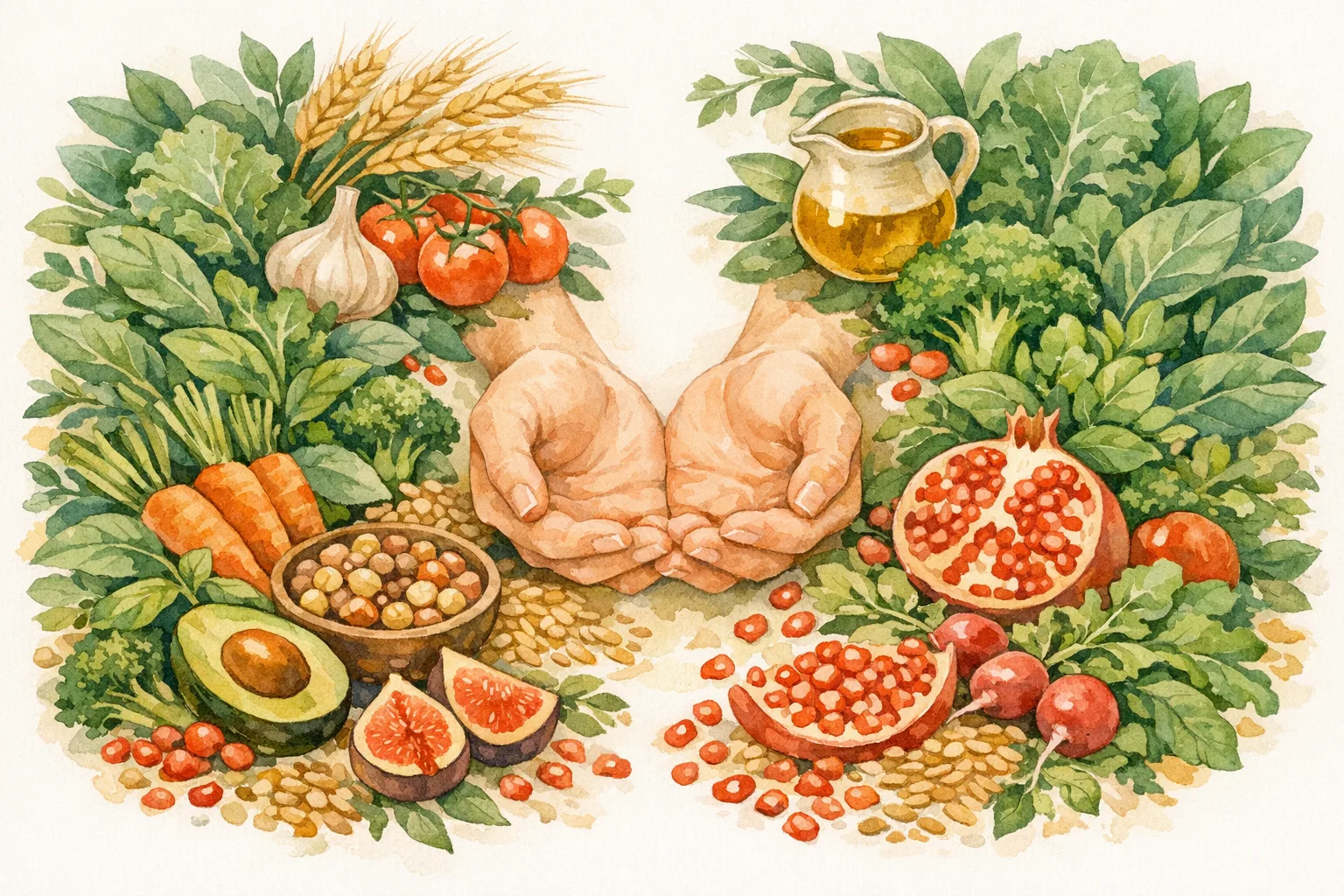 Watercolor illustration of nurturing hands surrounded by an abundant spread of vegetables, whole grains, legumes, and olive oil representing the dietary research on preconception health and fertility