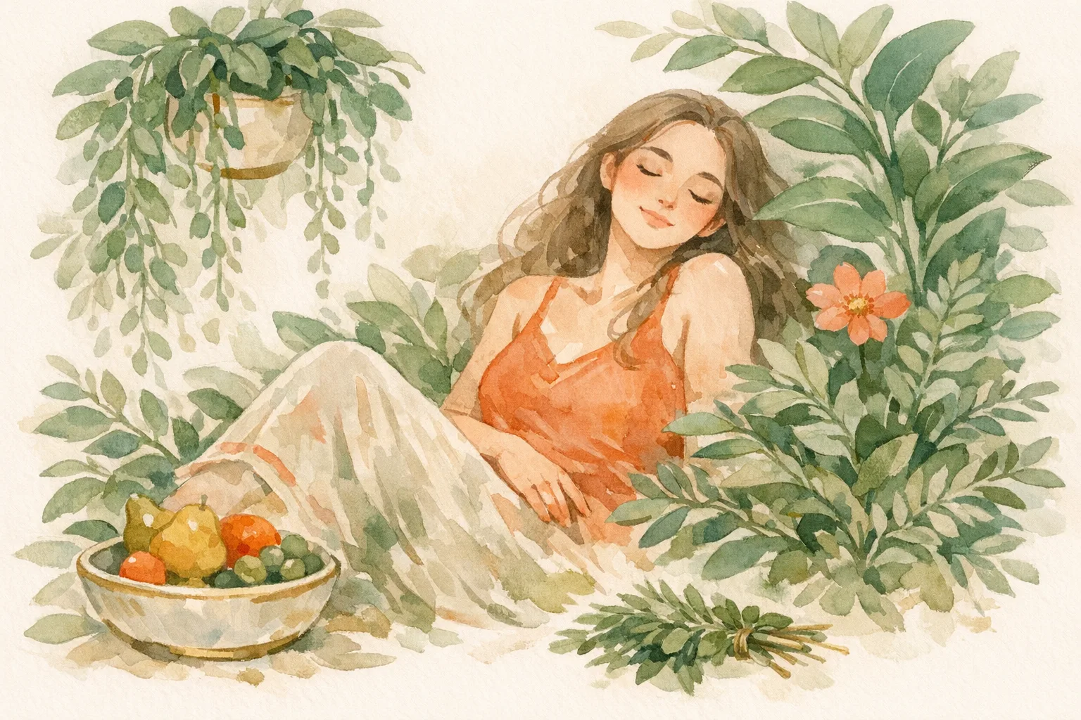 Watercolor illustration of a peaceful woman resting at home surrounded by lush plants and botanicals representing stress reduction and whole-life preconception health preparation