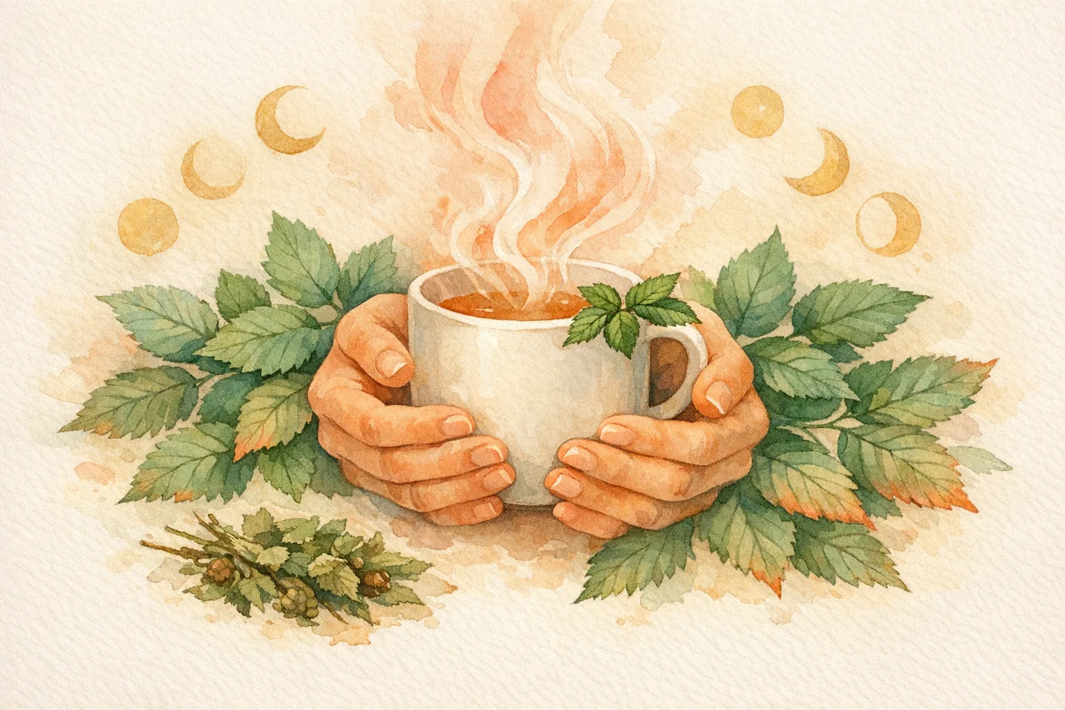 Watercolor illustration of nurturing hands holding a ceramic mug of steaming raspberry leaf tea surrounded by fresh leaves and gentle cycle phase symbols, representing a daily preconception herbal ritual