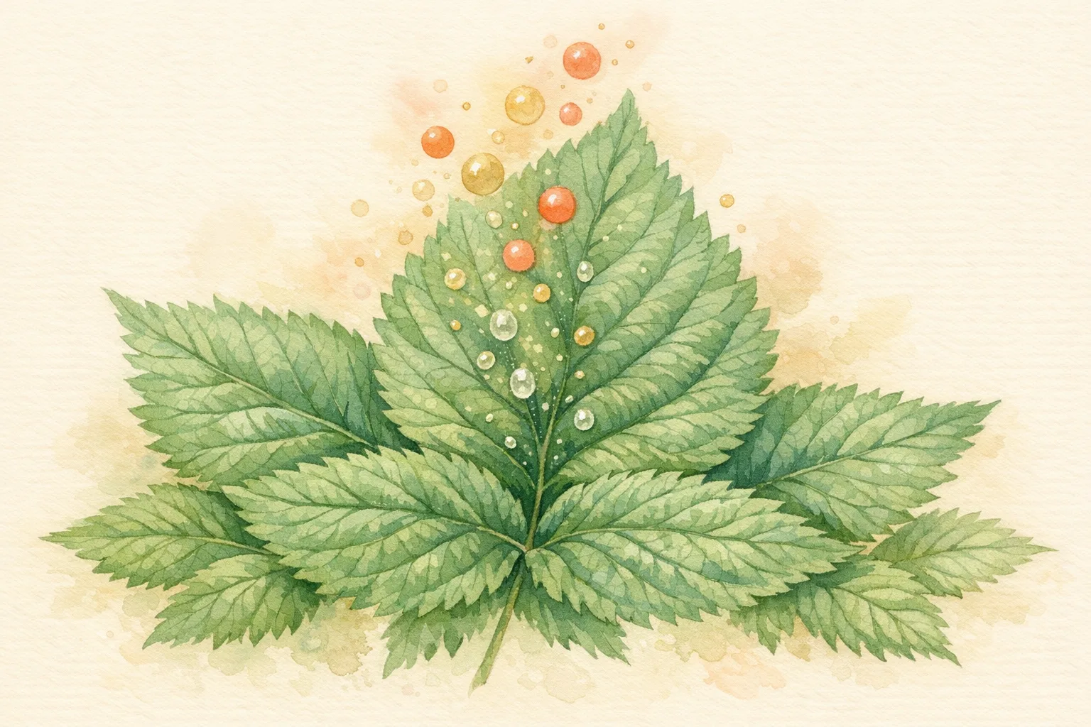 Botanical watercolor illustration of a detailed red raspberry leaf with glowing droplets representing its polyphenolic compounds and antioxidants